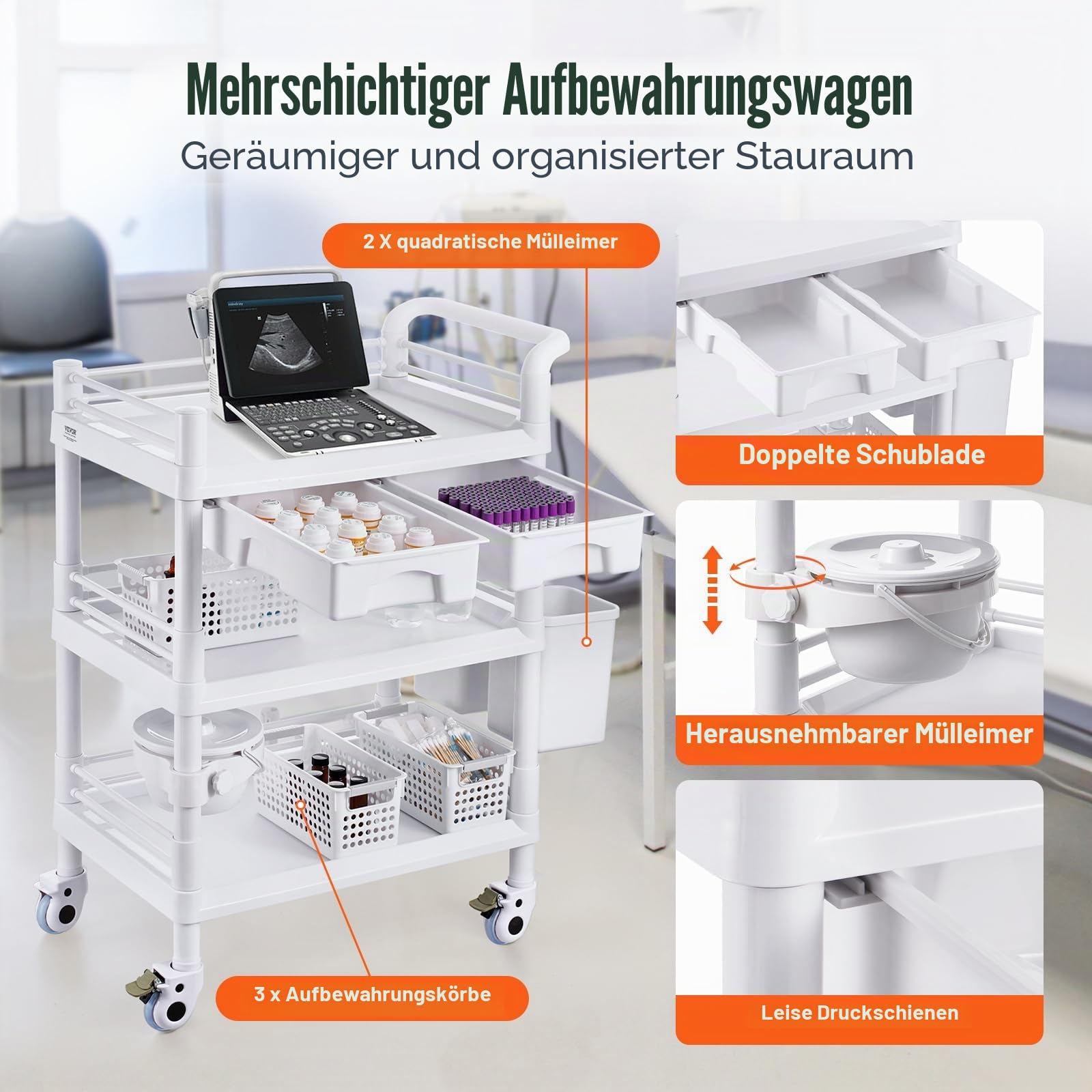 VEVOR Laborwagen Medizinwagen mit 3 Ablagen und 4 Rädern, Rollbarer Laborwagen PP-Material, 50 kg belastbarer Servierwagen Medizinischer Wagen für Labor, Klinik, Krankenhaus, Salon, 645 x 445 mm