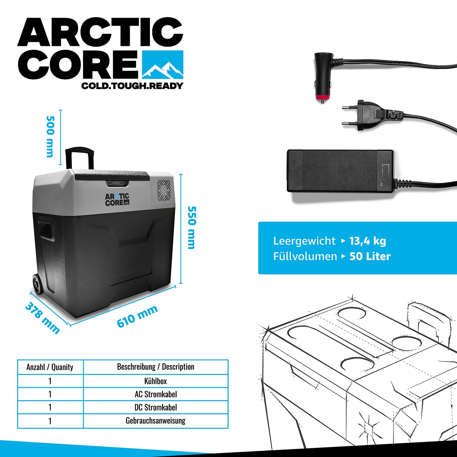 Belko® ArcticCore Kompressor Kühlbox – elektrische Kühl- & Gefrierbox DC 12/24V & AC 100–240V – grau