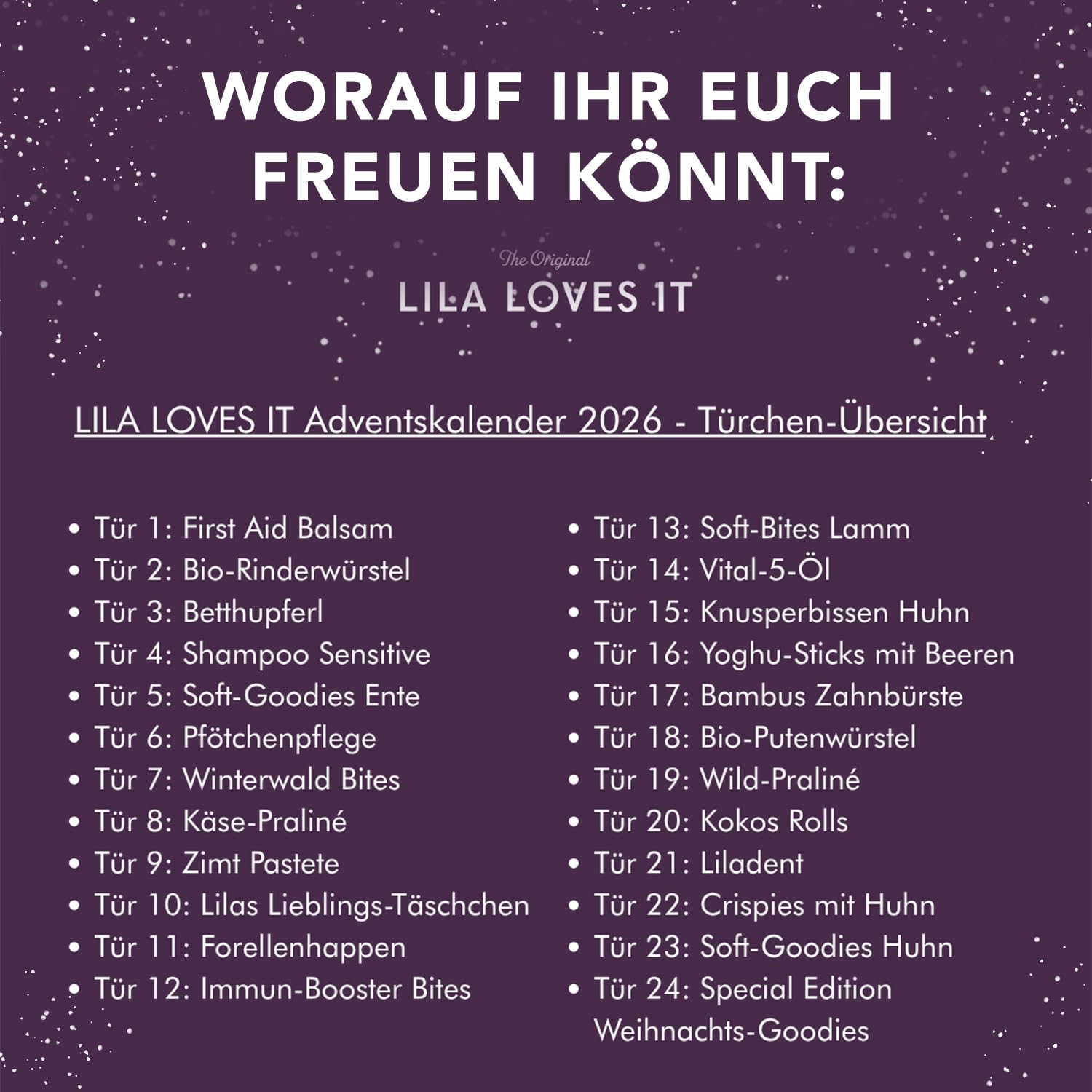 Adventskalender 2026 für Hunde und Welpen – Premium Hundeadventskalender mit 24 Türchen, Hundeleckerlis, limitierten Produkten und Klassikern von LILA LOVES IT