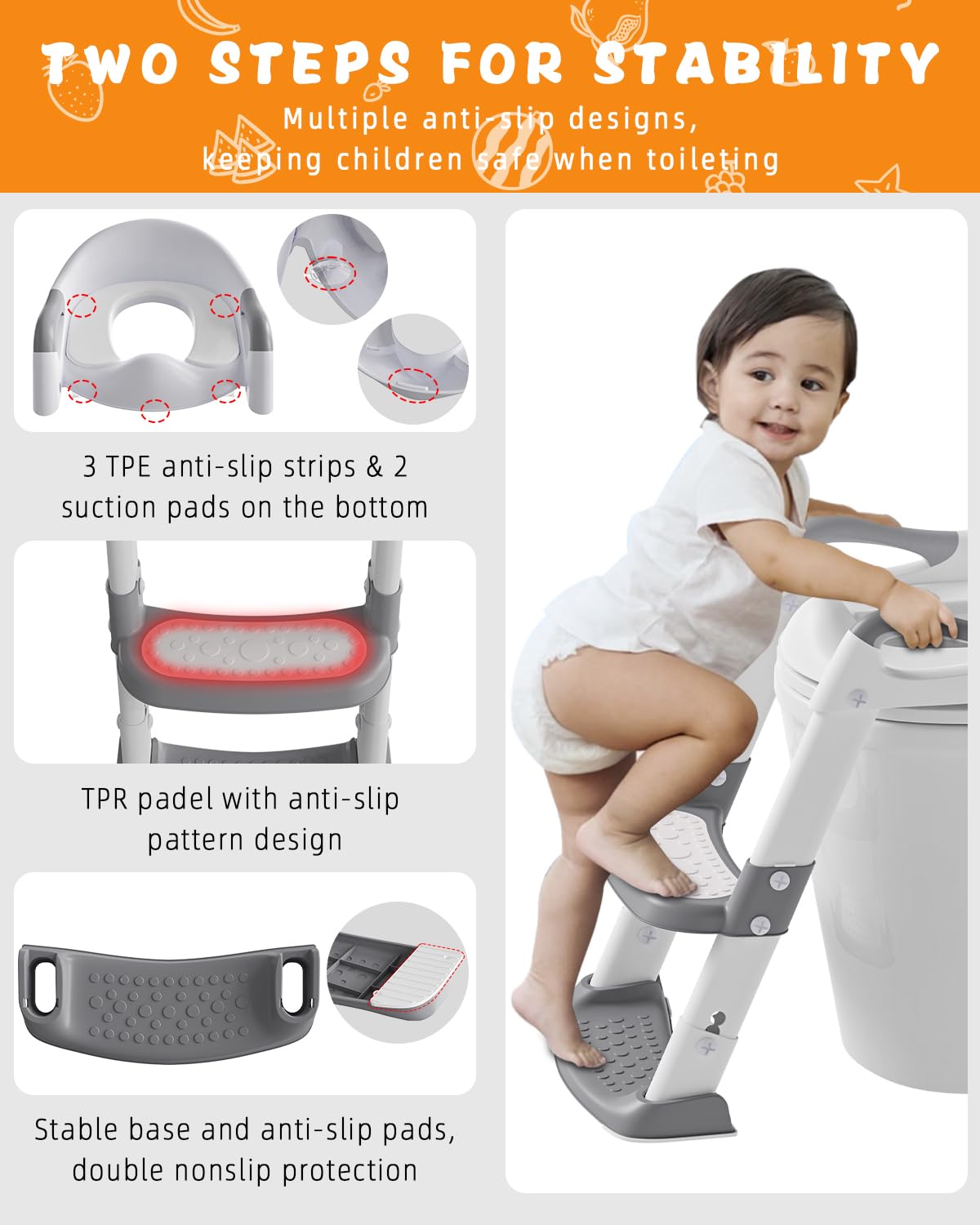 Xespis Kinder Toilettensitz mit Treppe, Toilettentrainer, für Jungen und Mädchen, WC Sitz Kinder mit Gepolsterter, Höhenverstellbar und Faltbar, Rutschfest, Toilettenaufsatz für Kinder(Weiß/Grau)