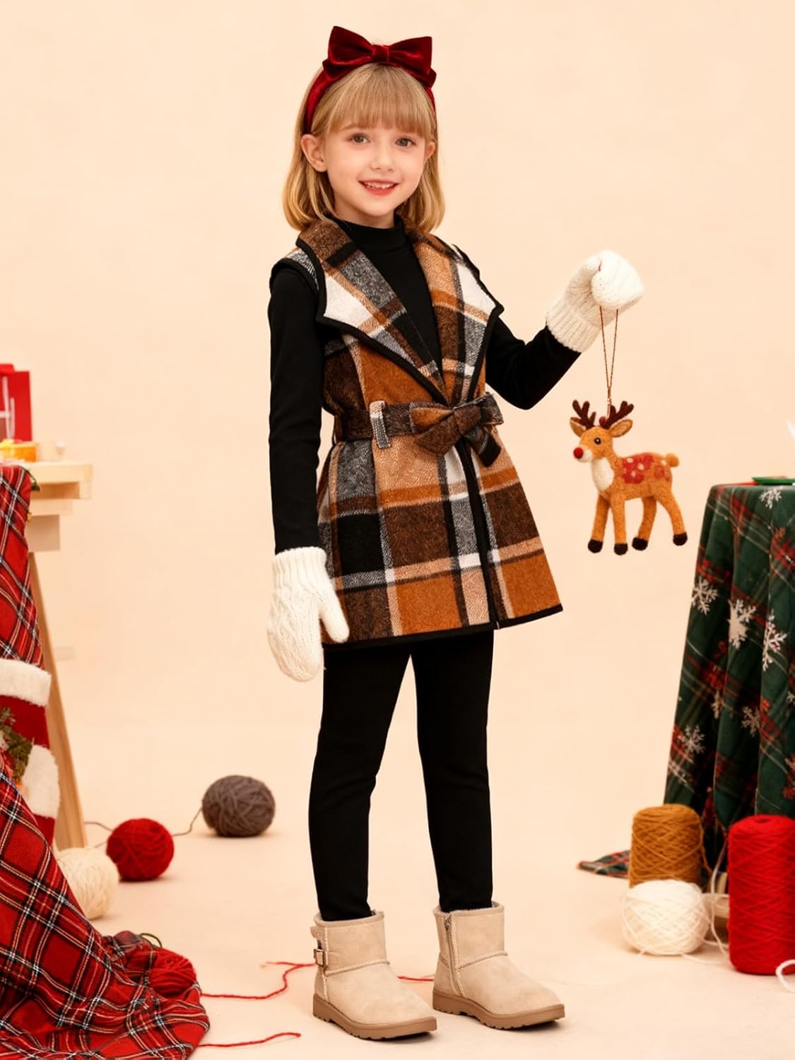 Kid Girls Clothes 3 Piece Outfits Plaid Flannel Belted Vest & Long Sleeve Top and Pants- Fall Clothing Sets - Image 2