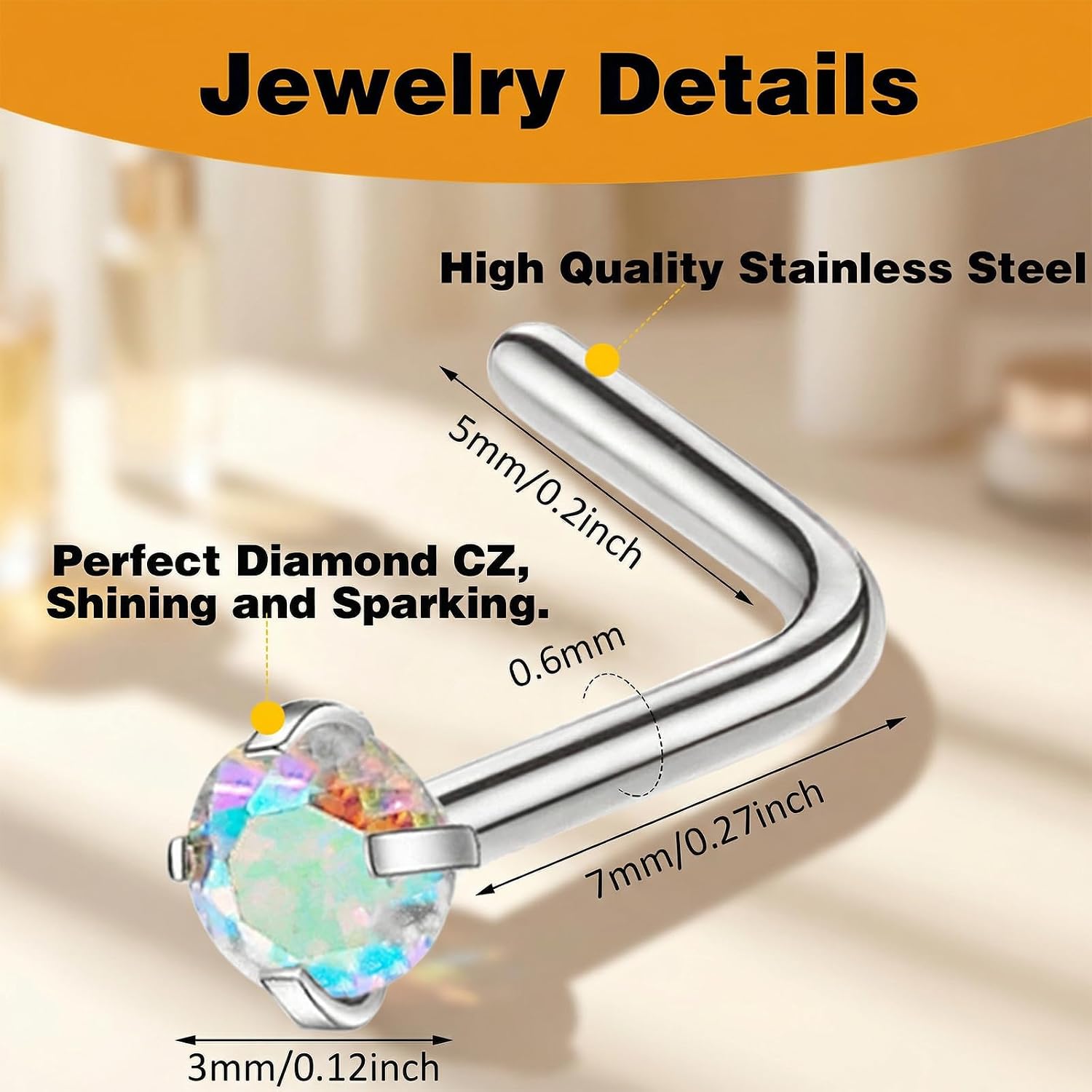 12 Pcs Heart Nose Stud, 20G Nose Studs, L Shape Noses Rings for Women, Colorful Diamond CZ Silver Stainless Steel Heart Start Piercing Jewelry