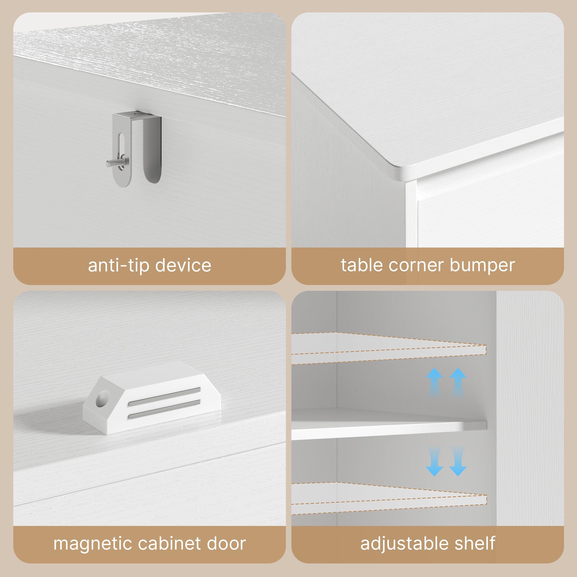 Xbro Buffet Cuisine avec 2 Tiroirs, Buffet à 4 Portes avec Étagère Réglable, Meuble de Rangement Multifonctionnel avec Coins Arrondis et Dispositif Anti-Basculement, pour Cuisine, Salon, Blanc