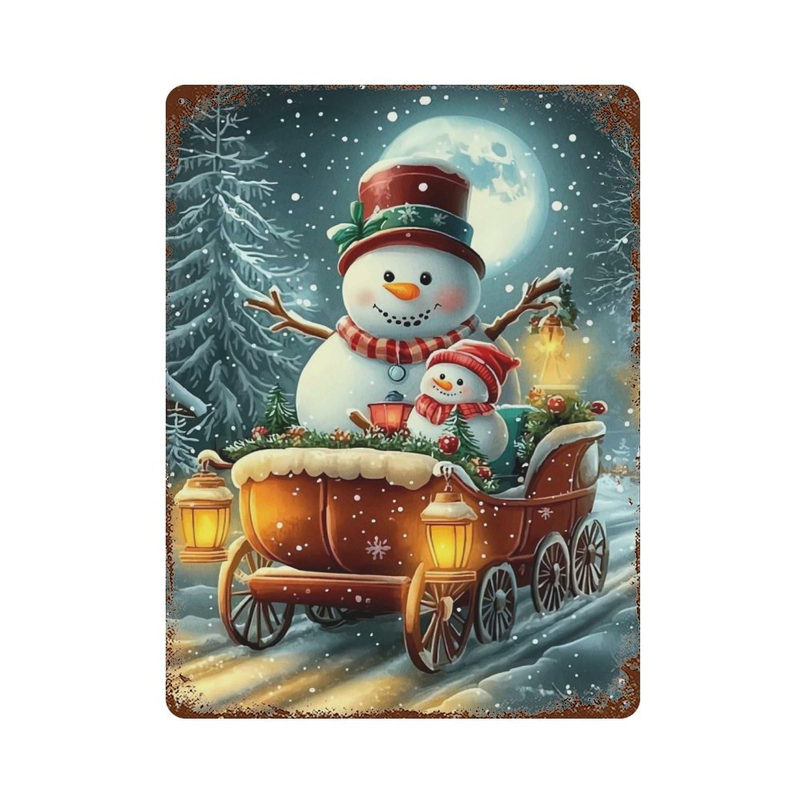 Snowman Sleigh Winter Scene Retro Metal Sign 15.7"x11.8", Shabby Chic Decor for Garage, Pub Or Kitchen