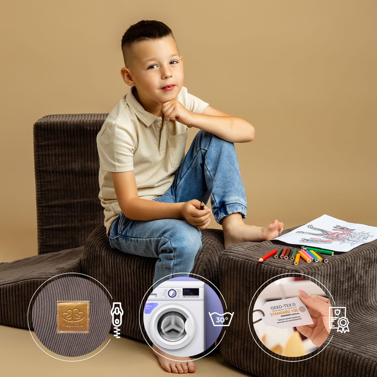 MEOWBABY Playset in Schiuma Morbida - Percorso a Ostacoli per Bambini, 3 Blocchi Modulari, Area Giochi Sicura e Interattiva 145x45 cm, Perfetto per Neonati e Prima Infanzia, Kord, Crema