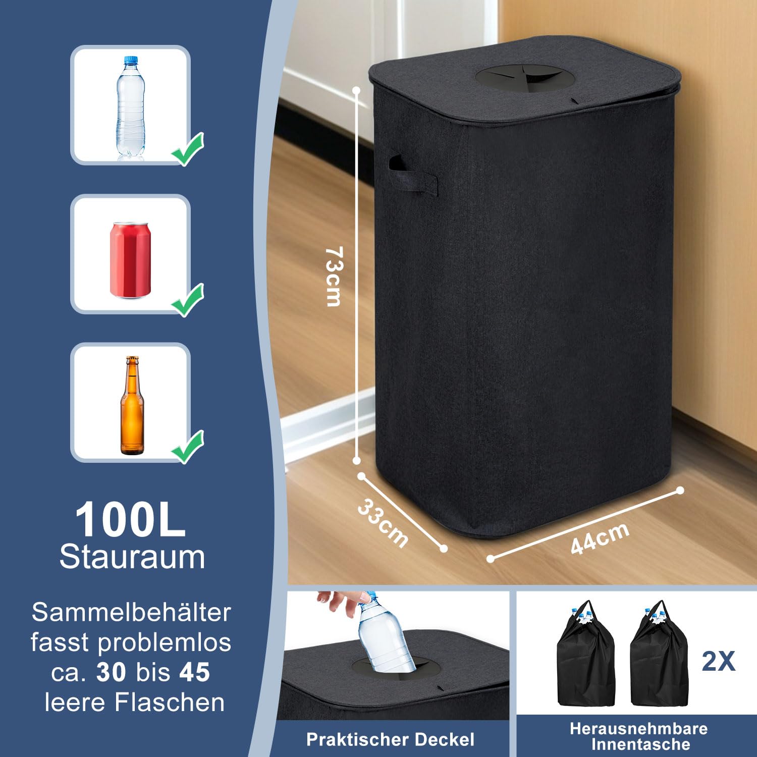 100L Schwarz 2X Pfandflaschen Sammelbehälter mit Deckel & 2X Tragetasche,Behälter Leergut & Altglas Aufbewahrung, Robuster Flaschensammler für Küche