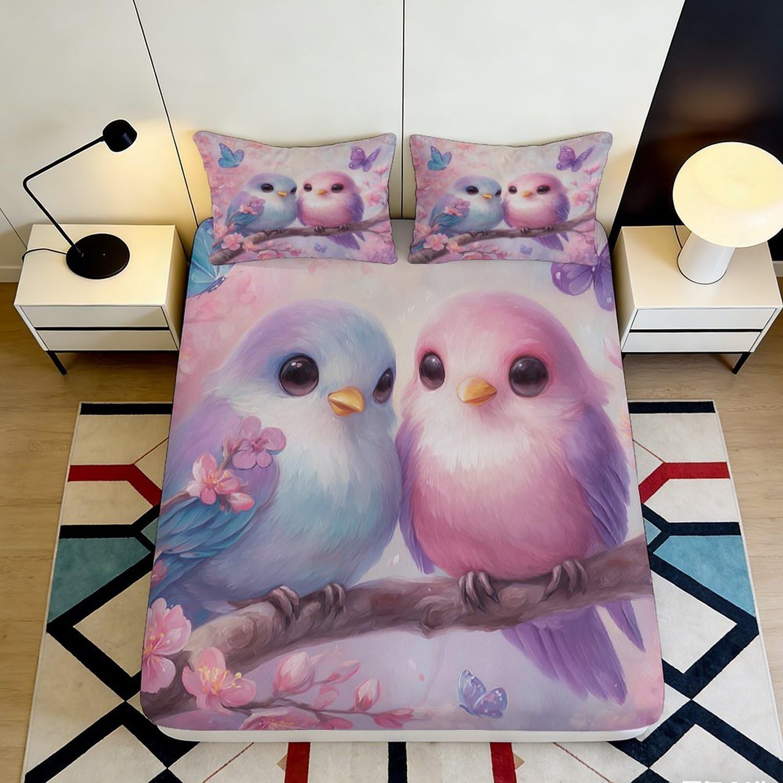 3D Printed pastel birds Fitted Sheet, Microfiber soft touch, wrinkle resistant, bedroom decor, guest room bedding, dustproof, easy care 90x200x25cm