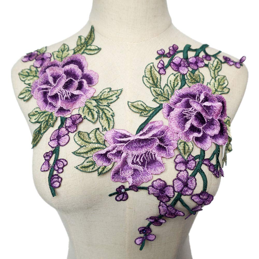 QQLADY 2 Pezzi Fiori di peonia Foglie Rosso Blu Ricamo Tessuto Appliques Cucire Toppe guarnizioni per Abito da Sera Decorazione di Nozze Fai da Te