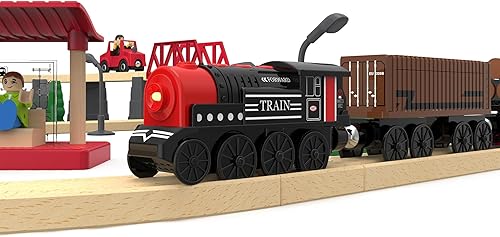 Miniatura 9 de Tren motorizado para pista de madera, juego de 3 piezas de juguete de tren para niños de 3, 4, 5 años, tren a batería compatible con Thomas &