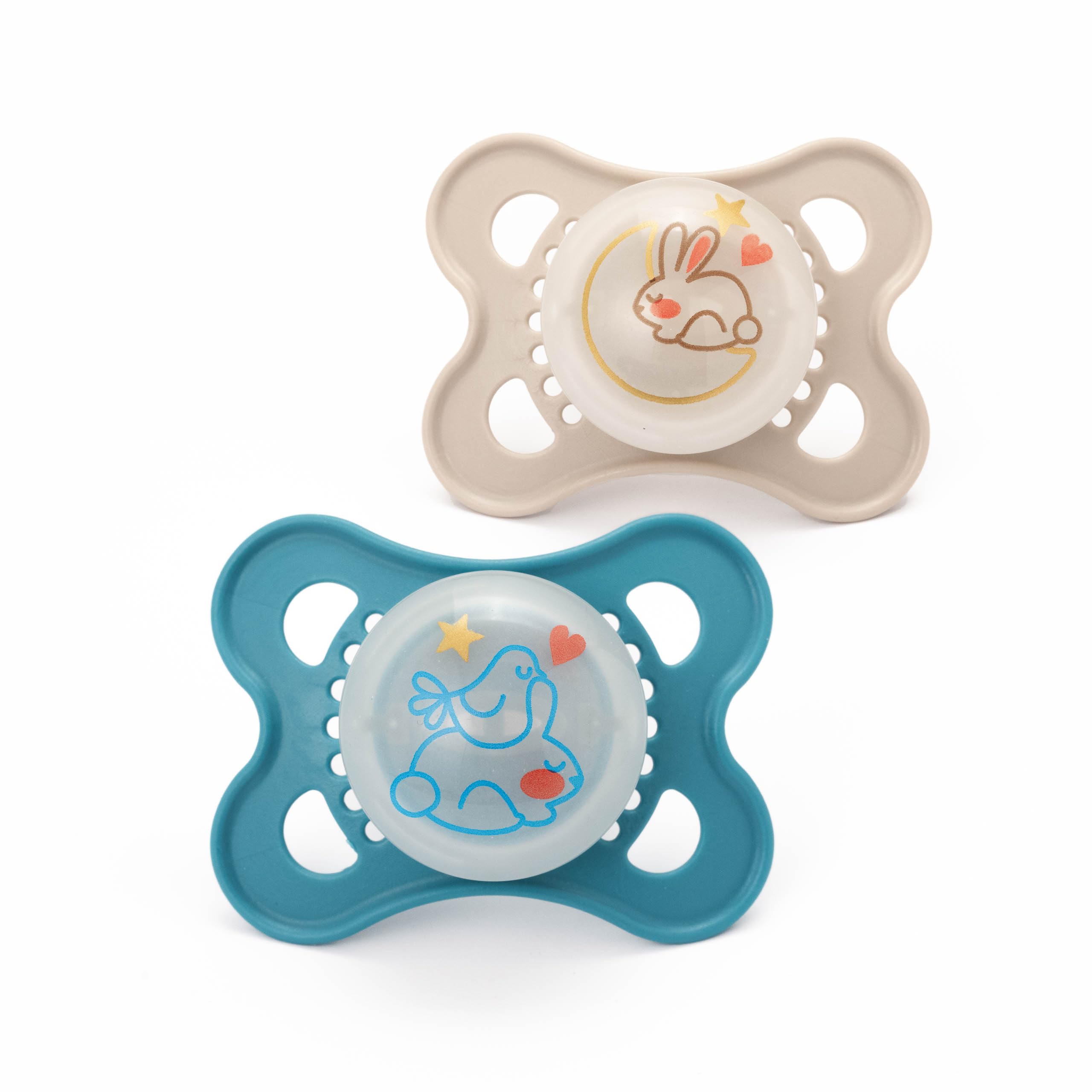 MAM Original Night Soothers | 0-6 Months | 2 Pack | Glow in The Dark | Comes in Dummy Steriliser Case | Baby Accessories for Newborn | Blue/Cream (Various Designs)