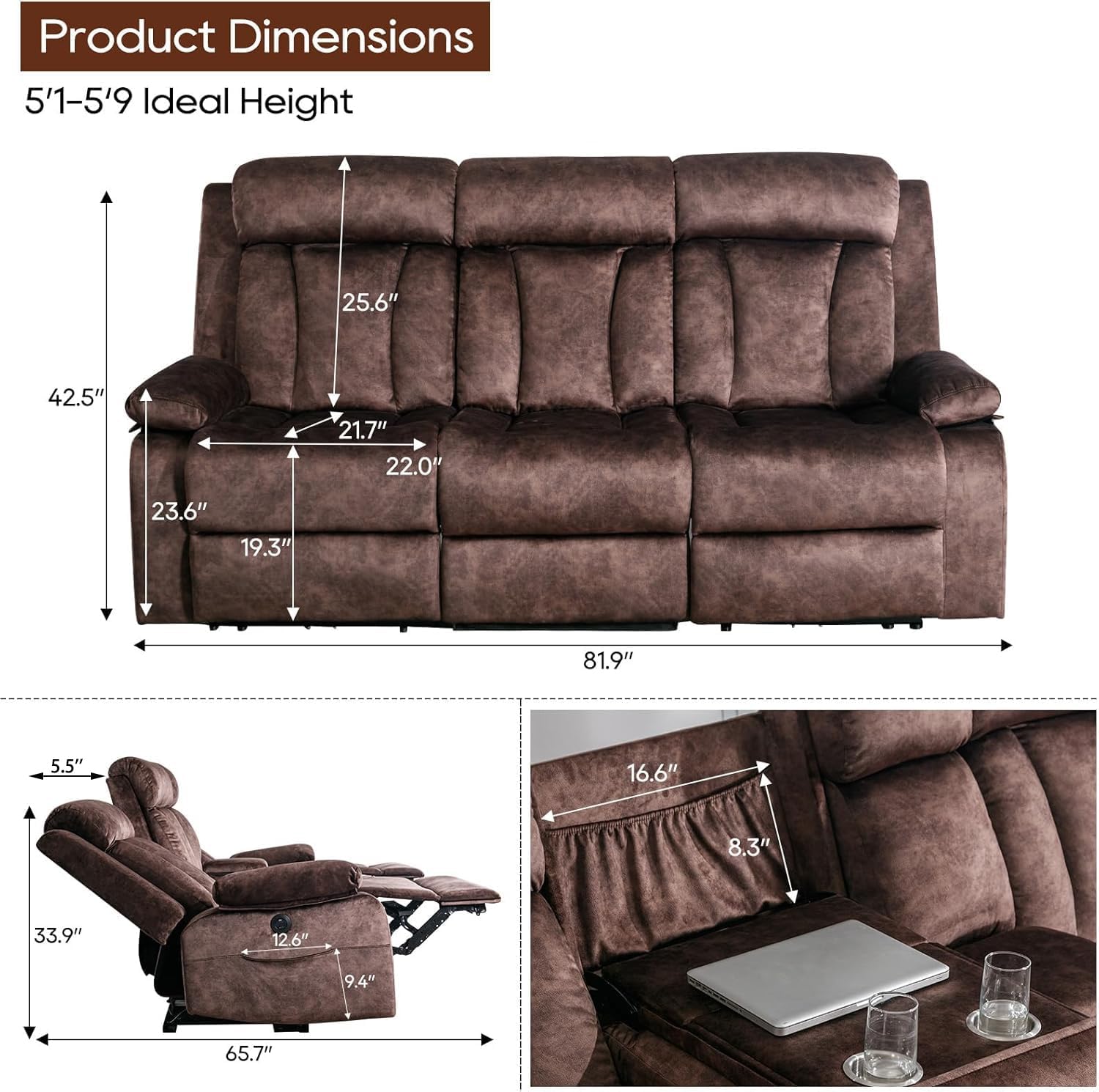 Reclining Sofa-Power Recliner Sofa with Heat and Massage,Recliner Sofa with Drop Down Table,Reclining Couch 3 Seater for Living Room,Home Theater Seating with Cup Holders,USB & Type-C Ports