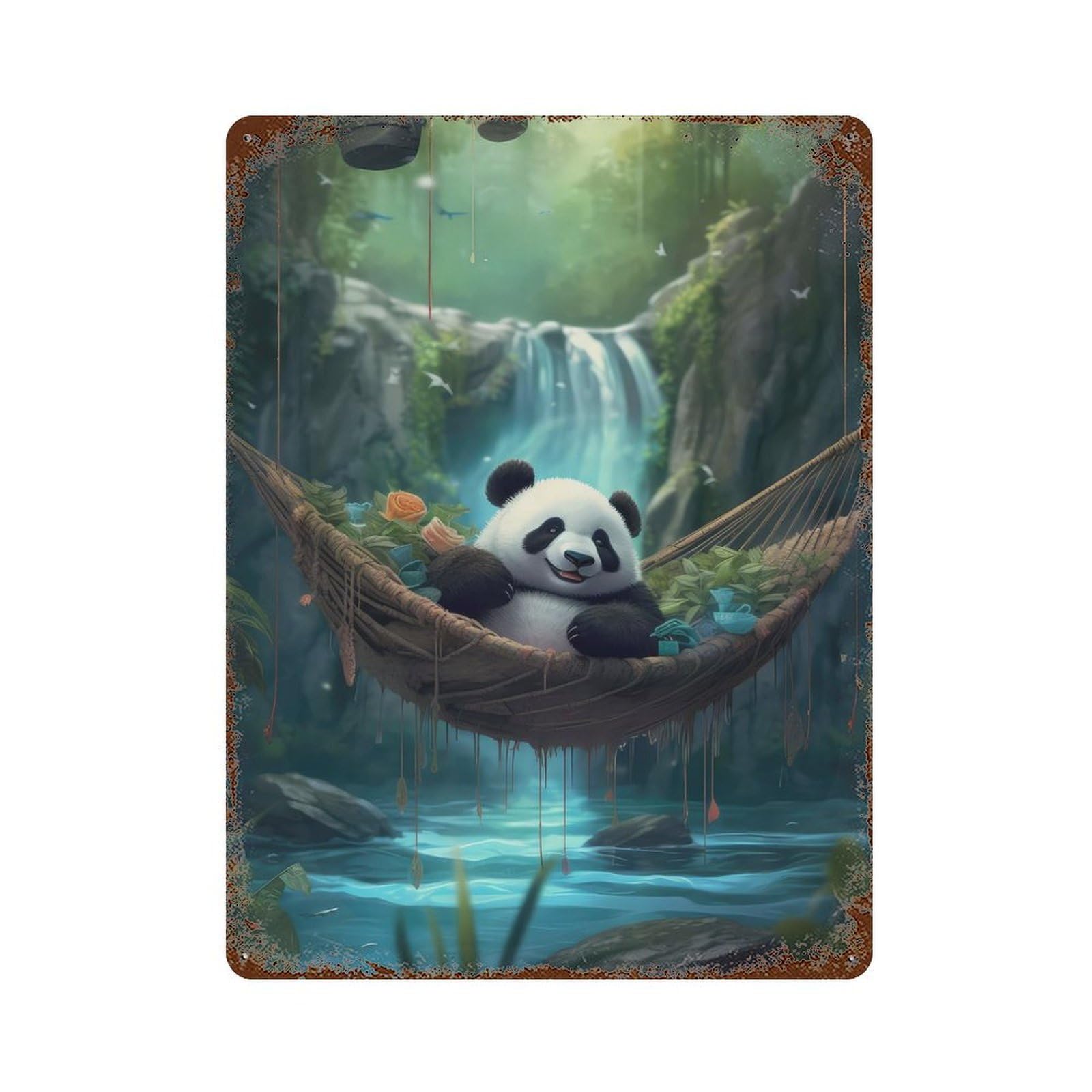Panda in Hammock Waterfall Rustic Tin Plaque 15.7"x11.8", Farmhouse Wall Decor for Shed, Workshop And Garage Wall Decor