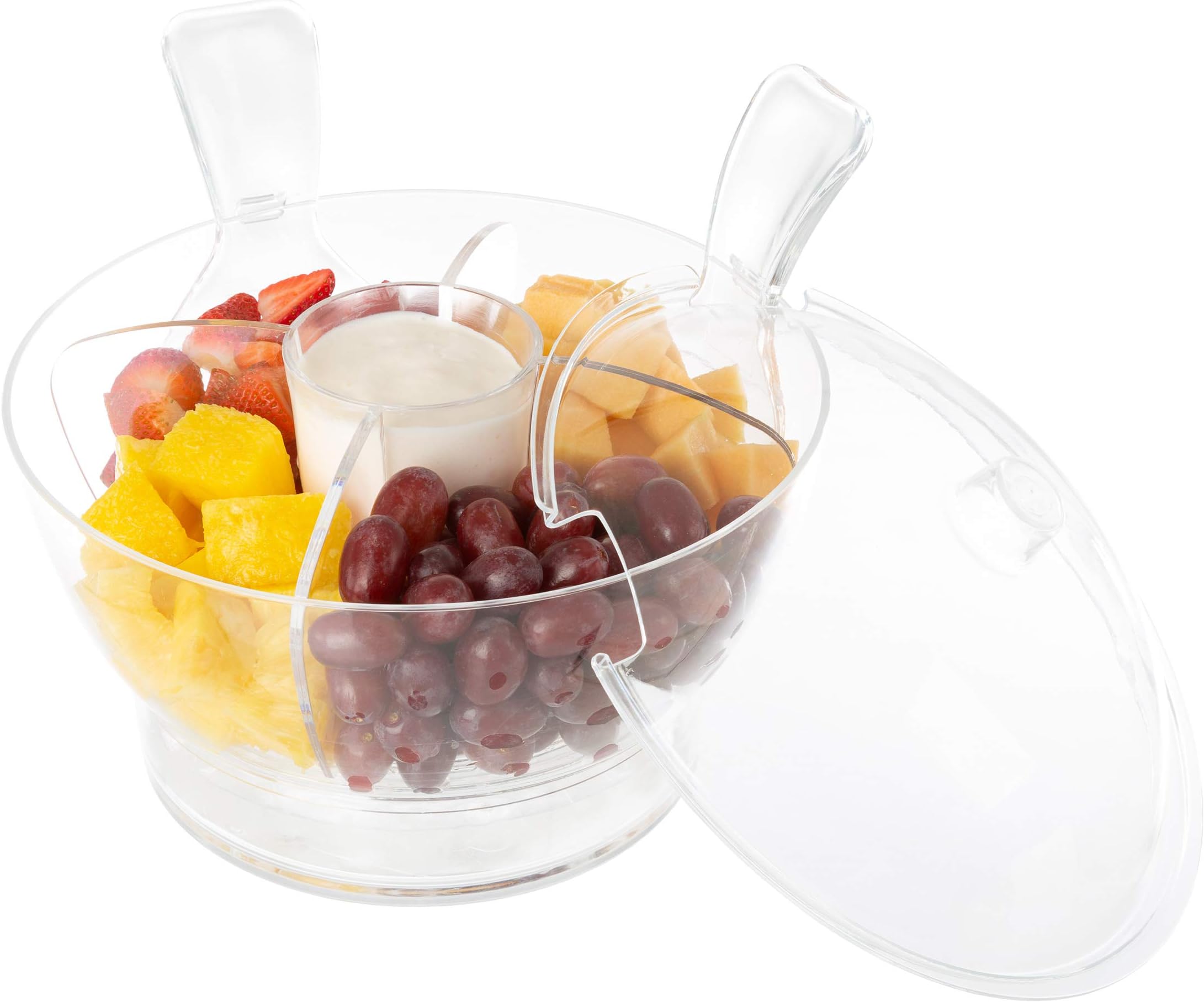 Classic Cuisine Large Cold Server with Lid, Dip Bowl, Serving Utensils, Dividers, and Ice Compartment-for Chips, Punch, Fruit, Salad, 11"x10", Clear