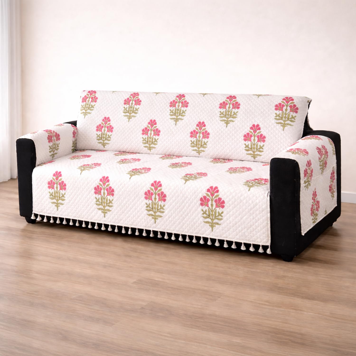 House of Quirk IKATRA Series Quilted Printed Sofa Cover for Indian Sofa Set with Side Pocket – Premium Washable, Anti-Slip, Durable & Ultra Soft Fabric Protector (Ivory Phool, Three Seater)-image-36