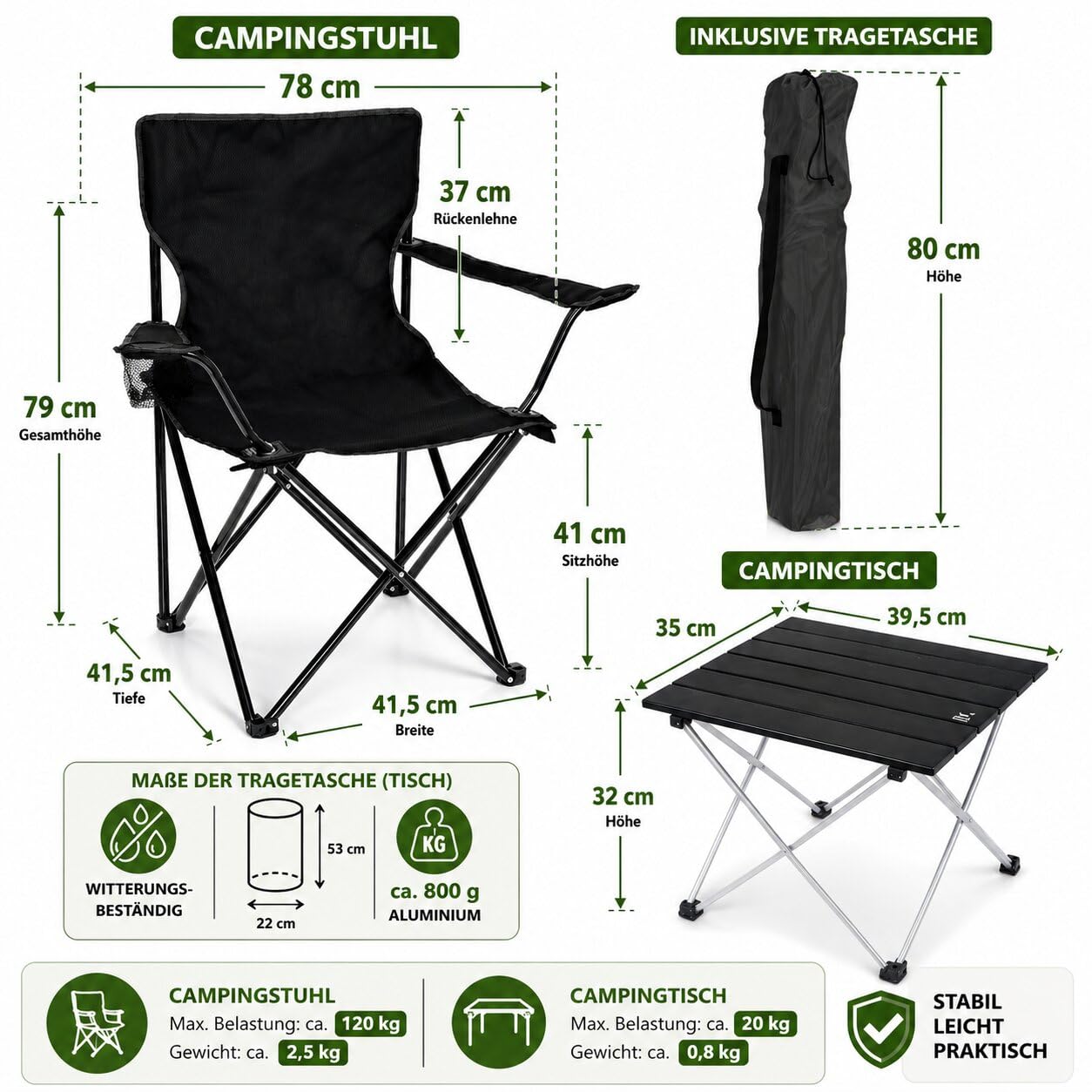 BigDean Campingstuhl mit Tisch Set klappbar – Camping Tisch Stuhl Set Campingstuhl faltbar Angelstuhl Faltstuhl Anglerstuhl - Camping Set Campingstühle Campingtisch mit Stühlen Anglersessel