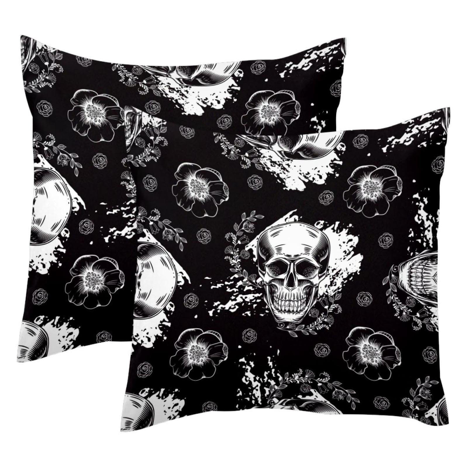 Housses de coussin crânes et fleurs velours une poésie sombre
