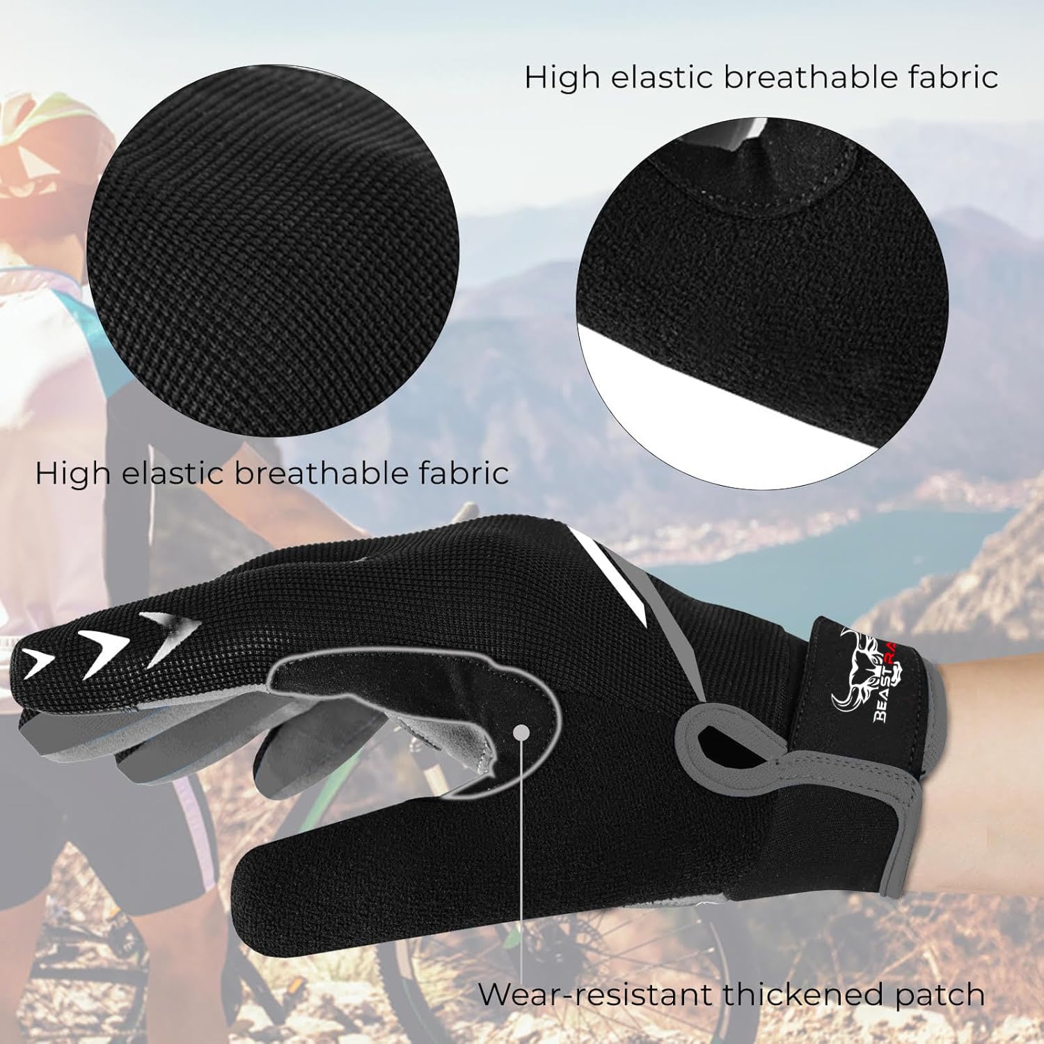 BEAST RAGE Full Finger Cycling Gloves with Padding for Men Women, Anti-Slip, Shock Absorbing, Breathable, Touchscreen Mountain Bike Gloves for BMX, MTB Riding, Road Racing, Bicycle (Black, L)