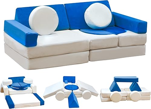 Sofá infantil de 13 piezas, relleno de esponja, sofá para niños con funda de terciopelo lavable para niños y niñas, azul y beige