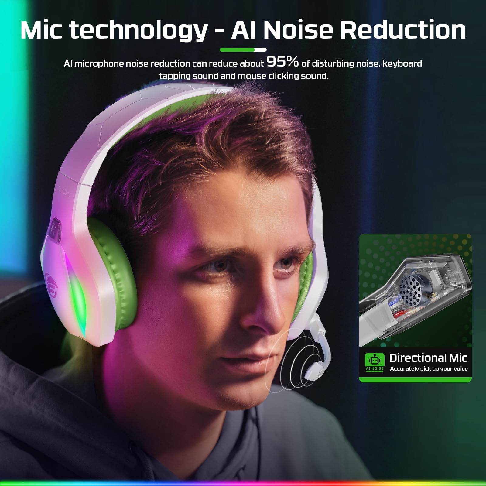 Fachixy FC100 Casque Gaming pour PC, PS4, PS5, Xbox, Mac, Nintendo Switch, Casque Gamer PS4 avec Lumière RVB, Casque PS5 avec Micro, Casque Antibruit avec Prise Jack 3,5 MM - Blanc Vert