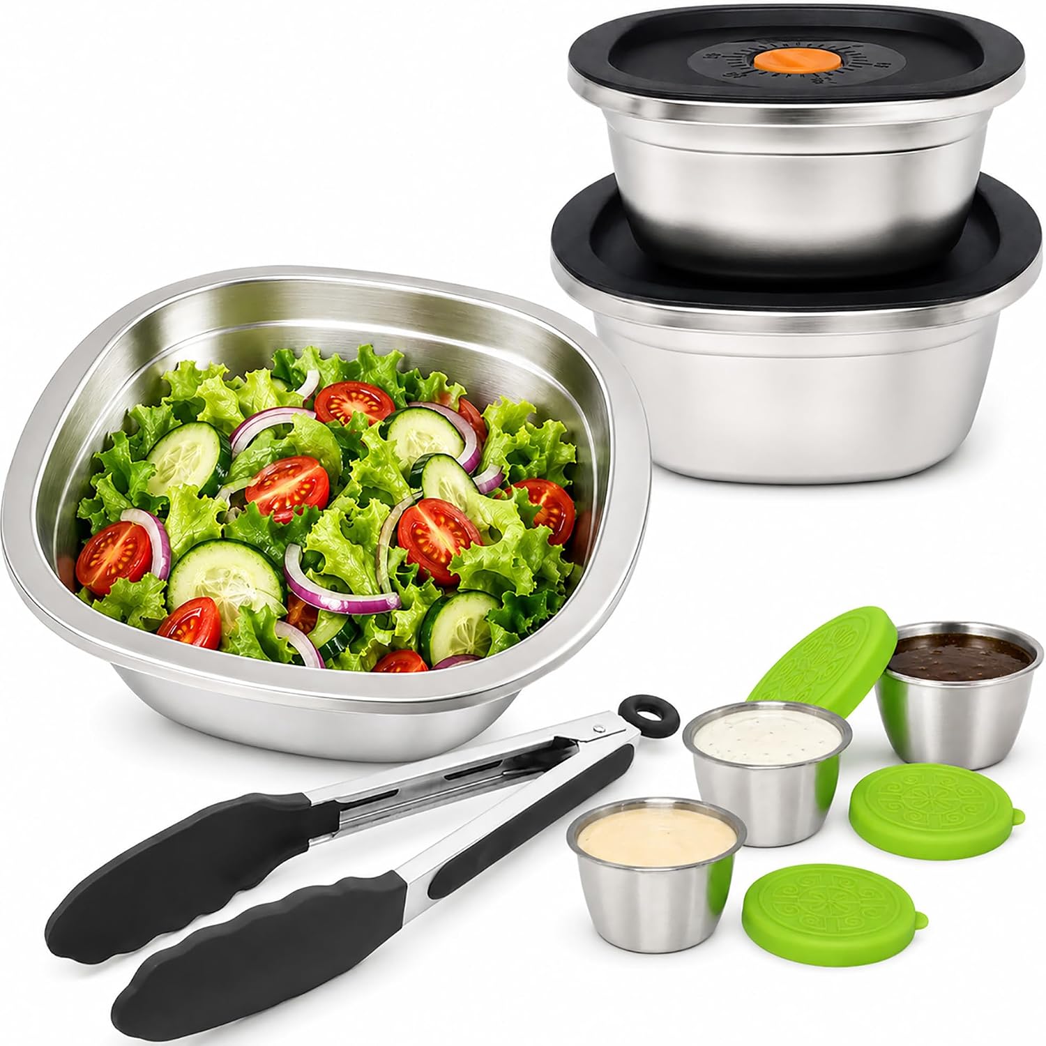 Stainless Steel Salad Bowl Set – 3 Nesting Bowls (1500ml, 2000ml, 2500ml) with 3 Dressing Bowls & Salad Tongs – Square Stackable Prep Bowls for Cooking & Serving