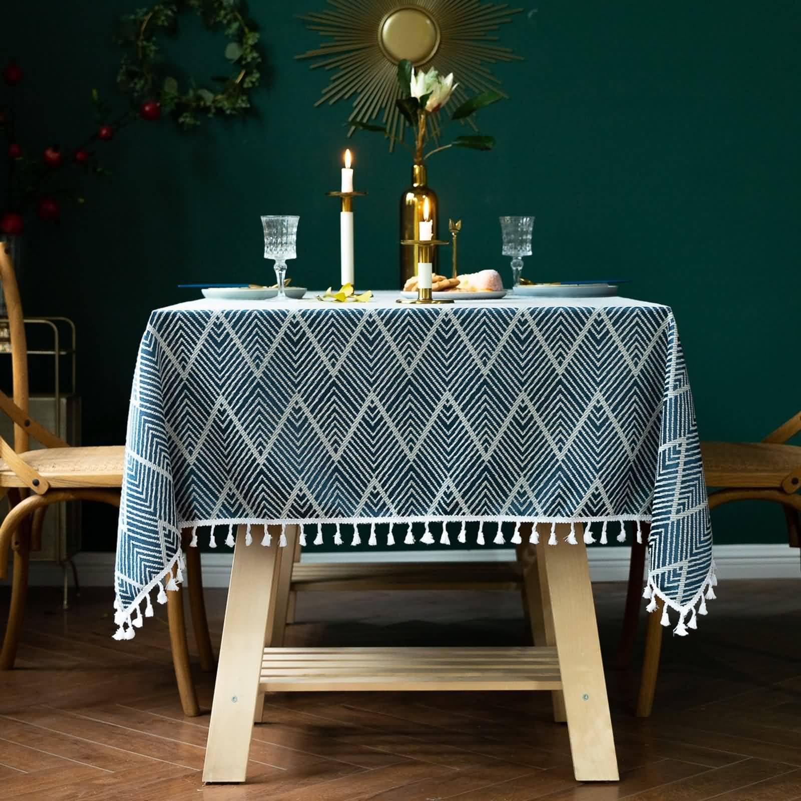 Tovaglia Decorativa Rettangolare, Tovaglie 140 x 240 cm Motivo a strisce ondulate jacquard a spina di pesce con nappa in Poliestere Tovaglia per La Decorazione della Casa CucinaBlu navy
