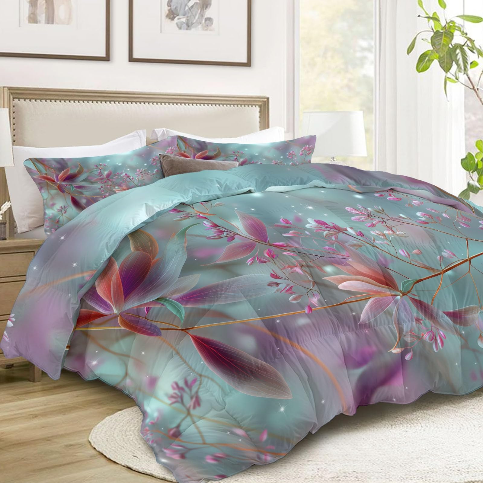 Set Trapunta 3 Pezzi 150x200 cm Piante fantasia fiori Piumone Letto 4 Stagioni, Trapuntino Anallergico Soffice, Copriletto Trapuntato Moderno per Adulti Bambini
