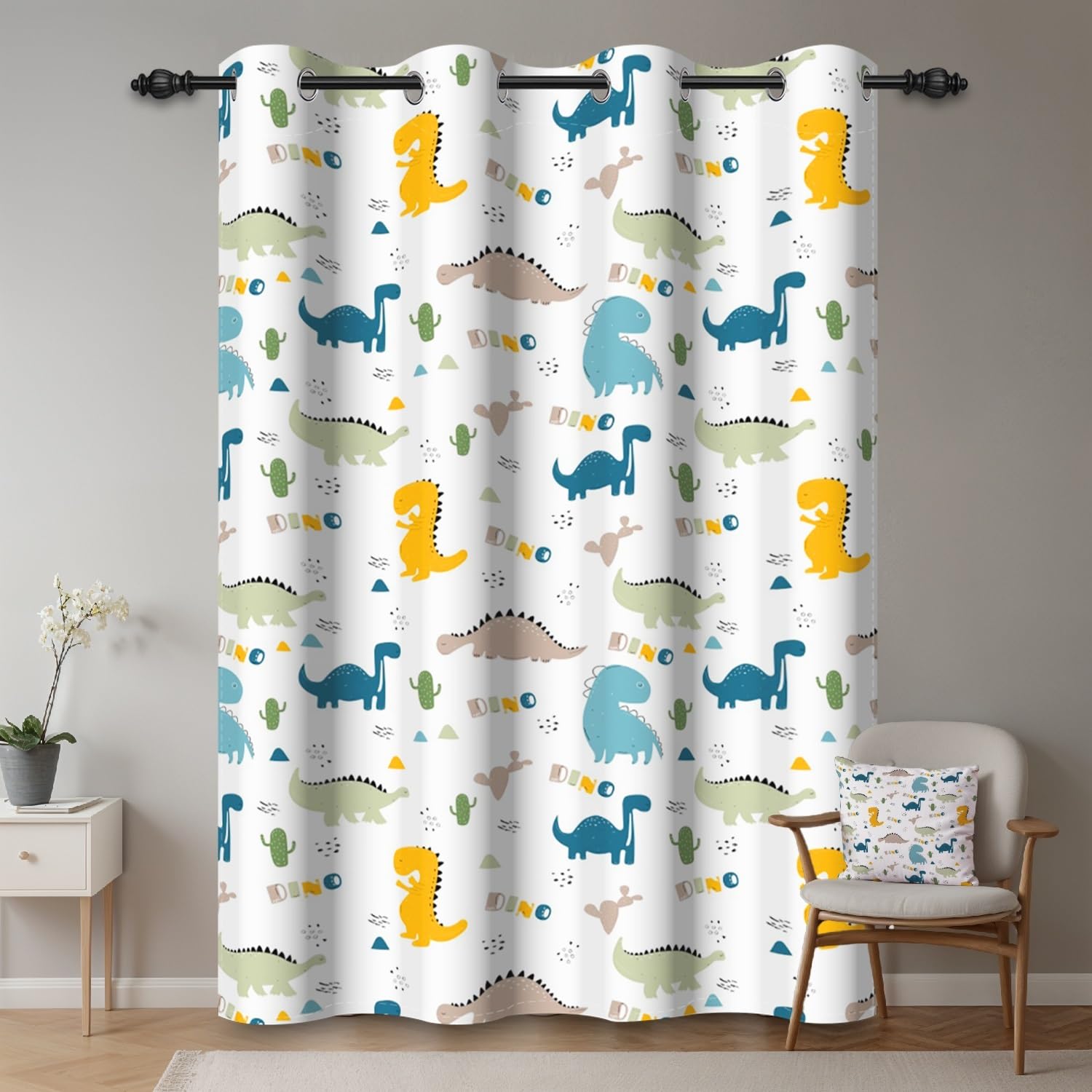 107x160cm Dinosaurier-Cartoon Verdunkelungsvorhang für Kinderzimmer Niedlicher Dino Tierdruck Ösenvorhänge Thermo Tüllenvorhänge Raumteiler Fenstervorhänge für Baby-Spielzimmer,1-Einzelpaneel