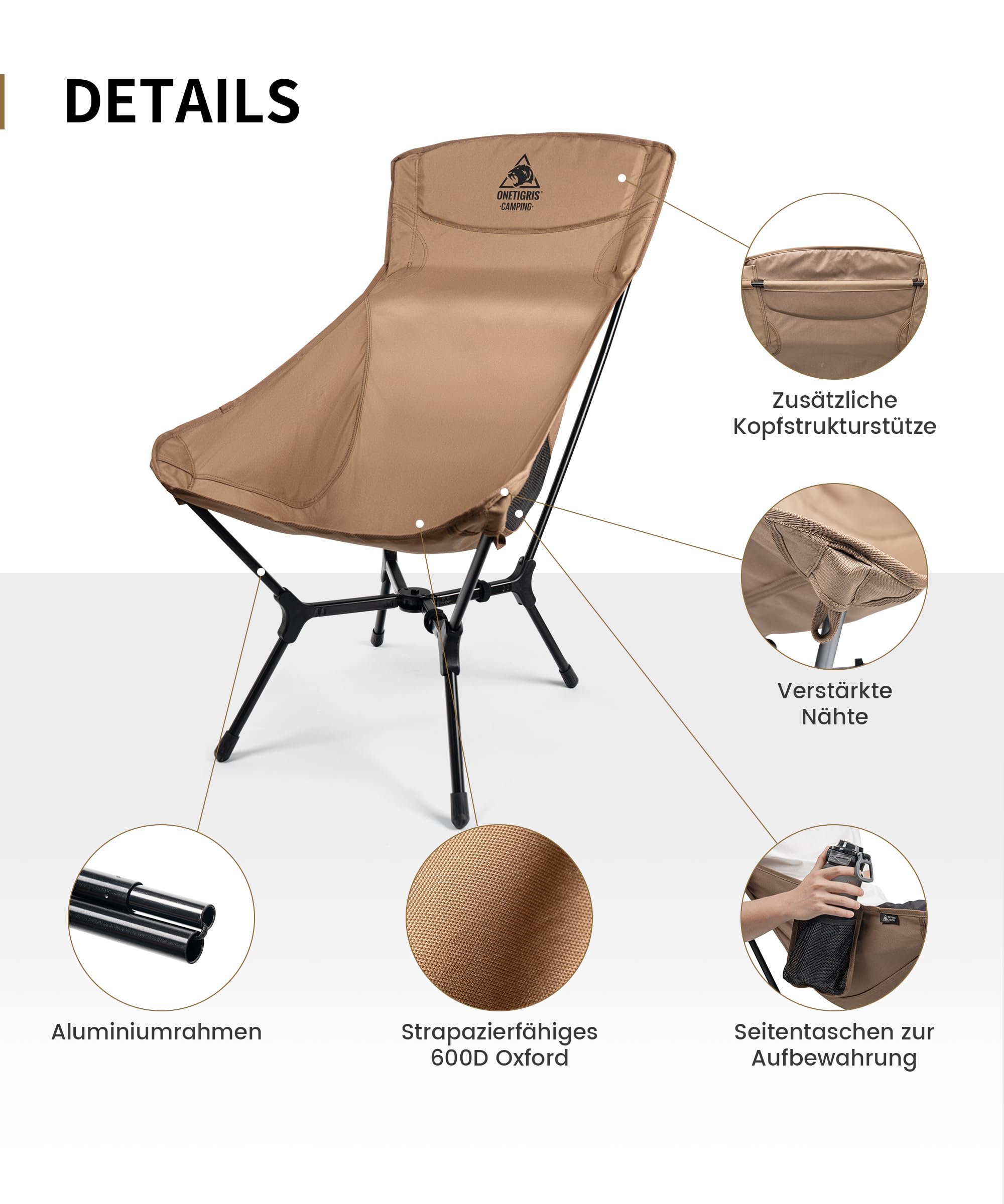 OneTigris OASISFLEX Campingstuhl Hochlehner faltbar 150 kg, Klappstuhl Camping leicht integrierter Kreuzrahmen, Angelstuhl klappbar, Faltstuhl Ultraleicht, mit 2 Seitentaschen für Outdoor, Wandern