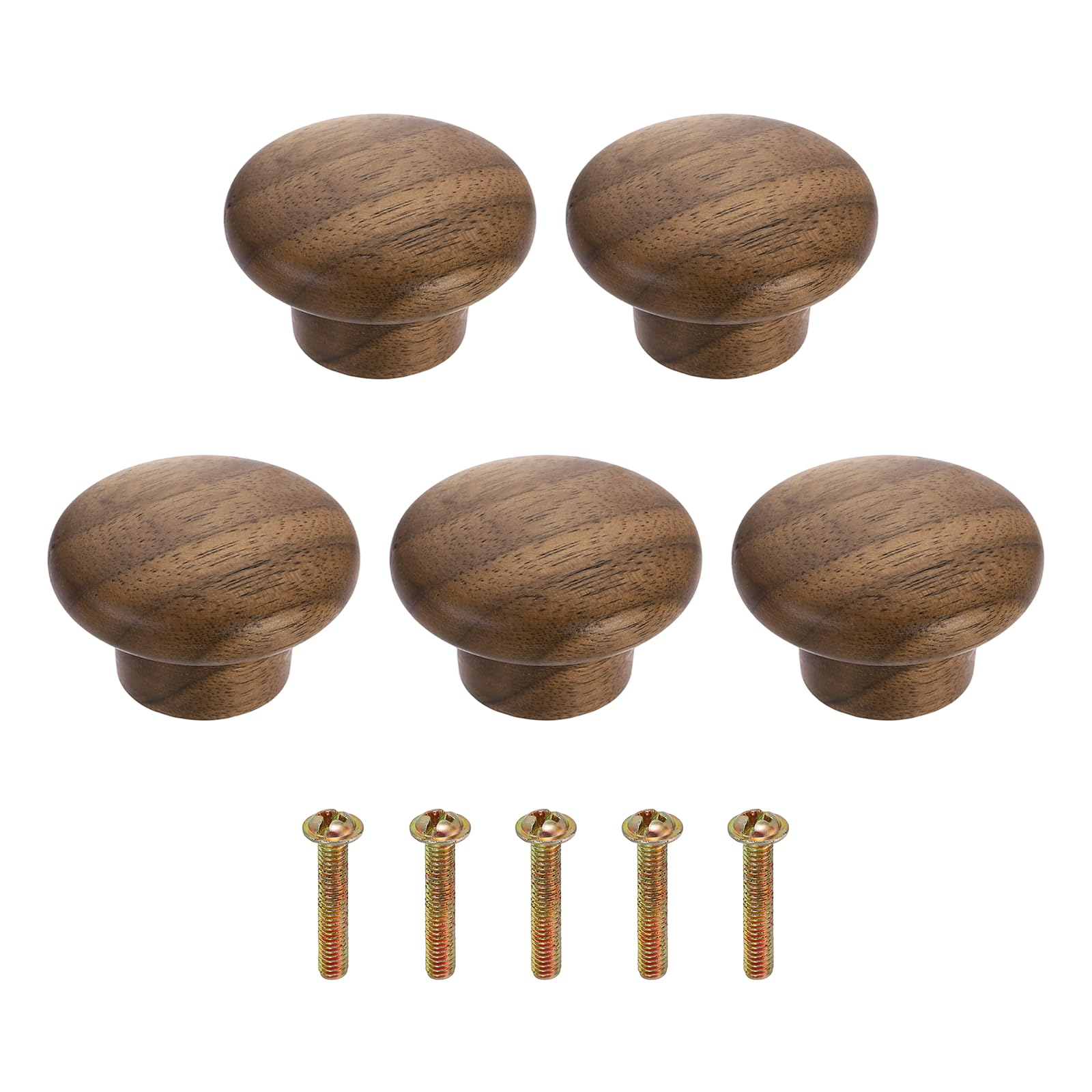 sourcing map 5Pcs Round Wood Drawer Knob, 1.57" Diameter Round Head Dresser Knobs Solid Wooden Knobs with Screws for Furniture Drawer Wardrobe Cupboard, Walnut