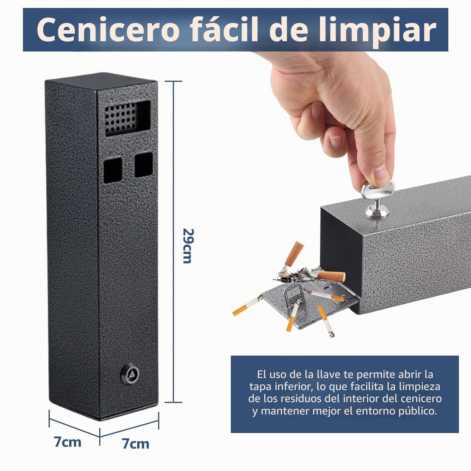 Cenicero Exterior 29 x 7 x 7 cm, Cenicero de pared de Acero Inoxidable con material de montaje und llave, Antiolor y Fácil de Limpiar para jardín, oficina, hotel, restaurante, calle