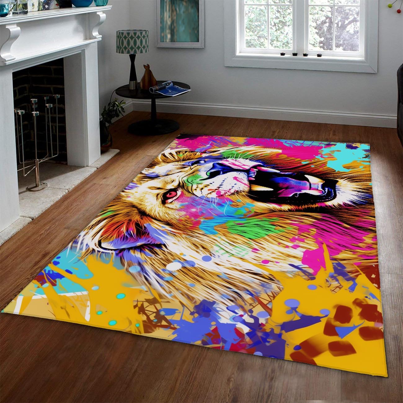 Pop Art Lion Head Area Rug Washable 180x240cm Colorful Graffiti Animal Modern Carpet Bold Non-slip Thin Floor Mat for Living Room Nursery Decor