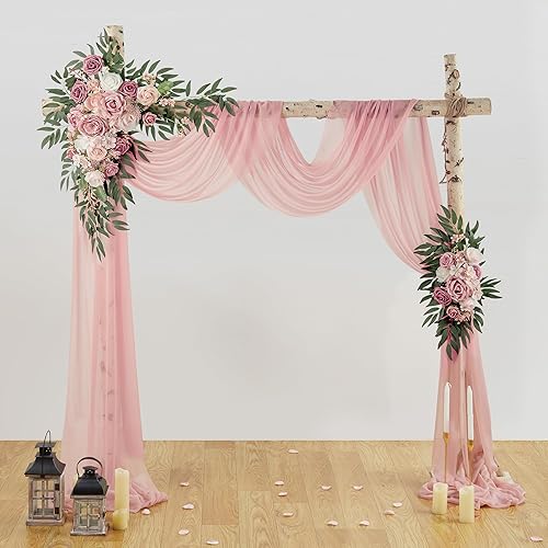 Miniatura 6 de Juego de flores de arco de boda con cortina (paquete de 3)  2 guirnaldas de flores artificiales con 1 tela drapeada para decoración de cenadores de