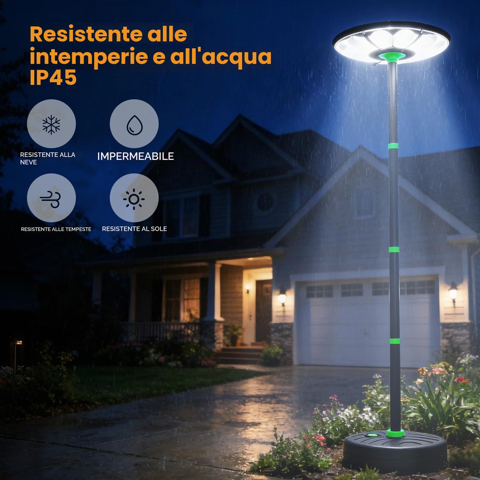 Lampione solare per esterni aretto solare LED 75W luce di sicurezza | con sensore di movimento e palo alto 240cm, base riempibile d'acqua lampade solari per giardino parcheggio cortile garage