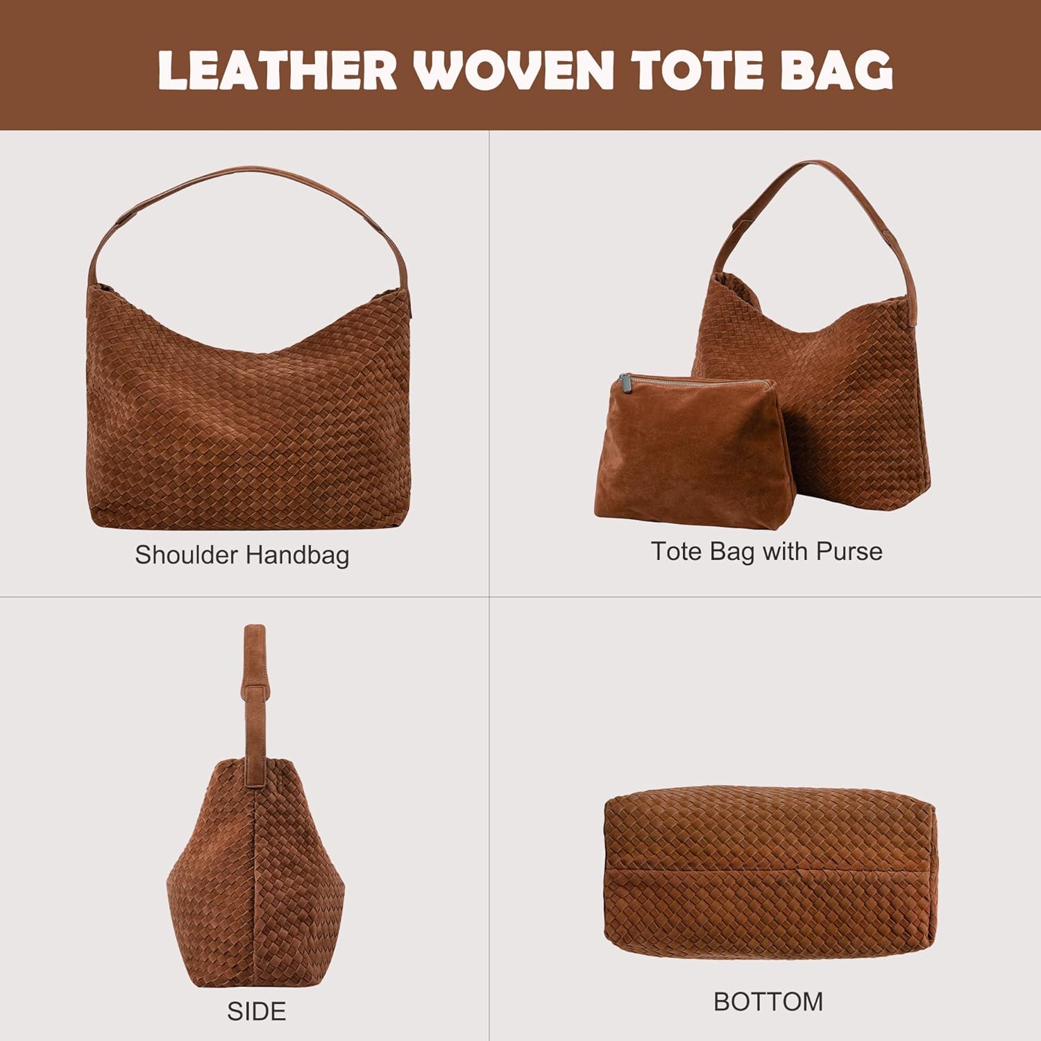 Leather Woven Tote Bag for Women, Vintage Suede Woven Hobo Bag, Large Crossbody Shoulder Slouchy Handbag - Image 4