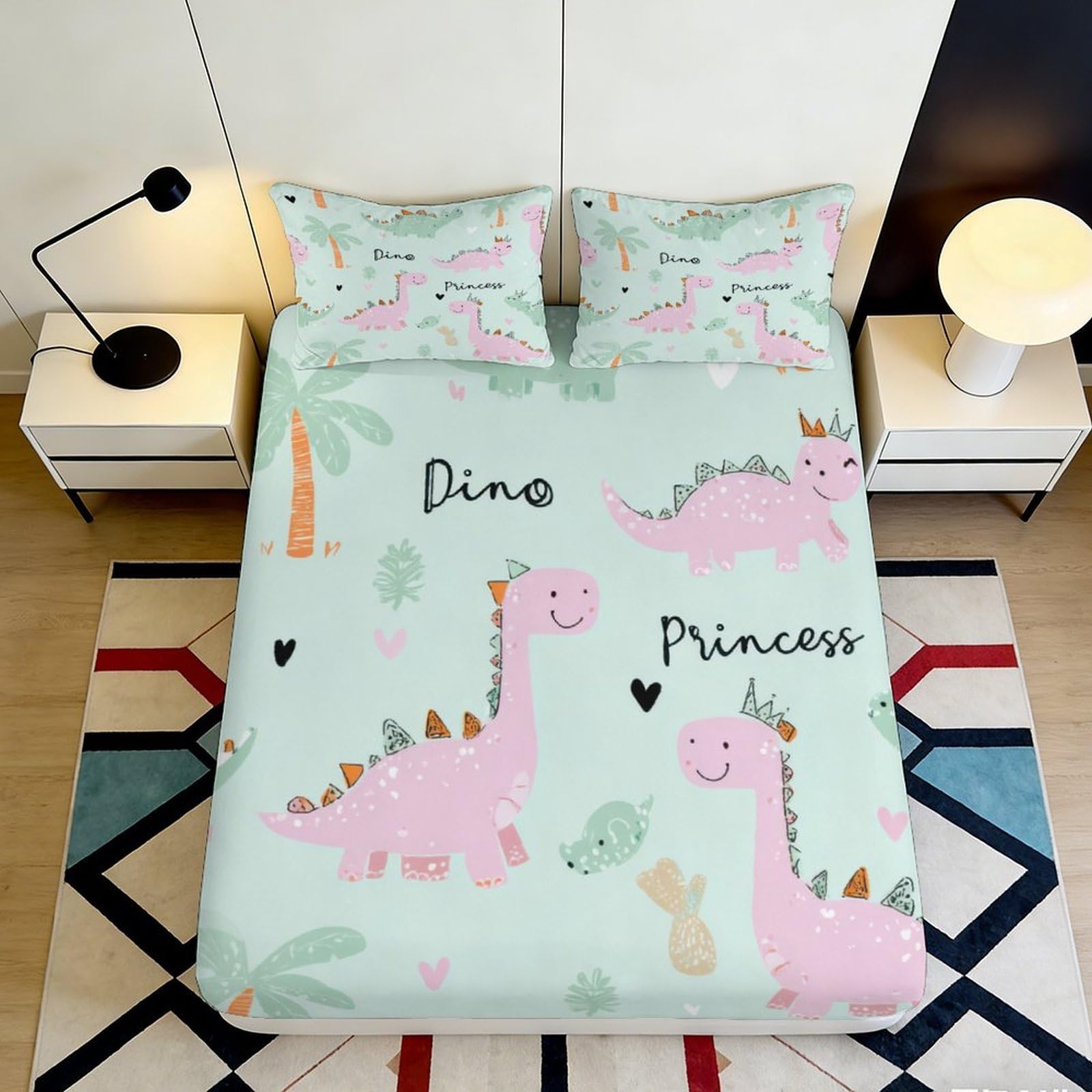 3D Printed Pink Dinosaur Fitted Sheet Microfiber Soft Non-slip Princess Cartoon Mattress Cover for Bedroom Guestroom Decor 90x200x25cm