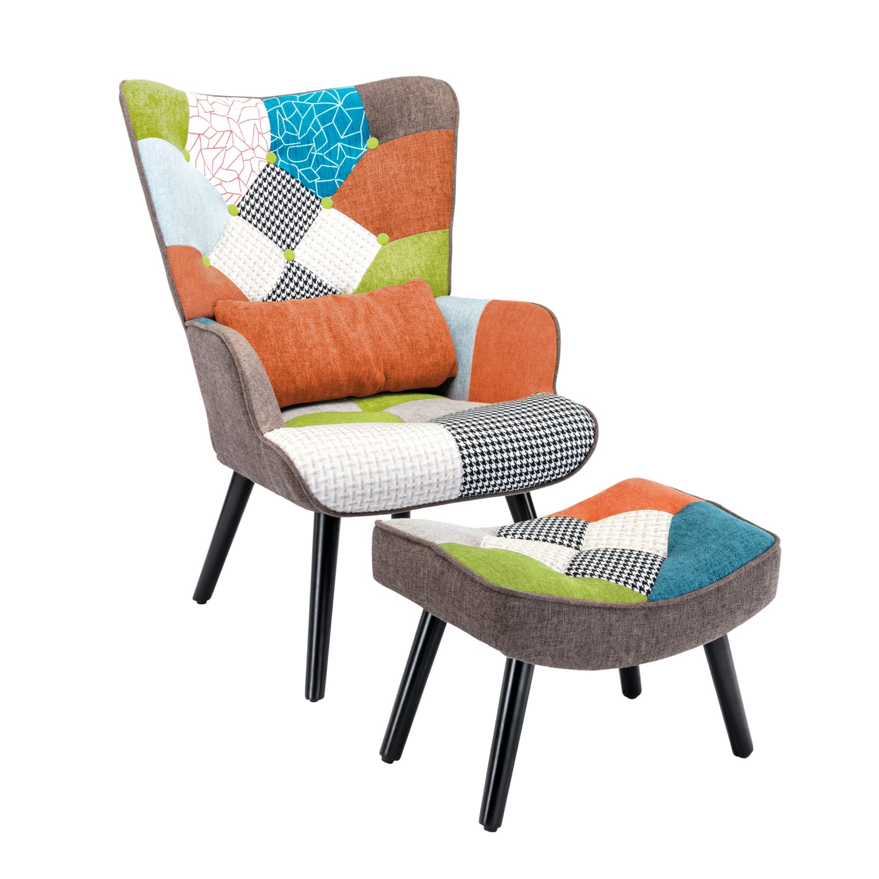 Relaxsessel mit Hocker&Lendenkissen, Patchwork Ohrensessel Orange, Leinen Loungesessel Massivholzfüße, Moderner Sessel für Wohnzimmer Schlafzimmer, Frühjahrsangebot Frühjahrsdekoration