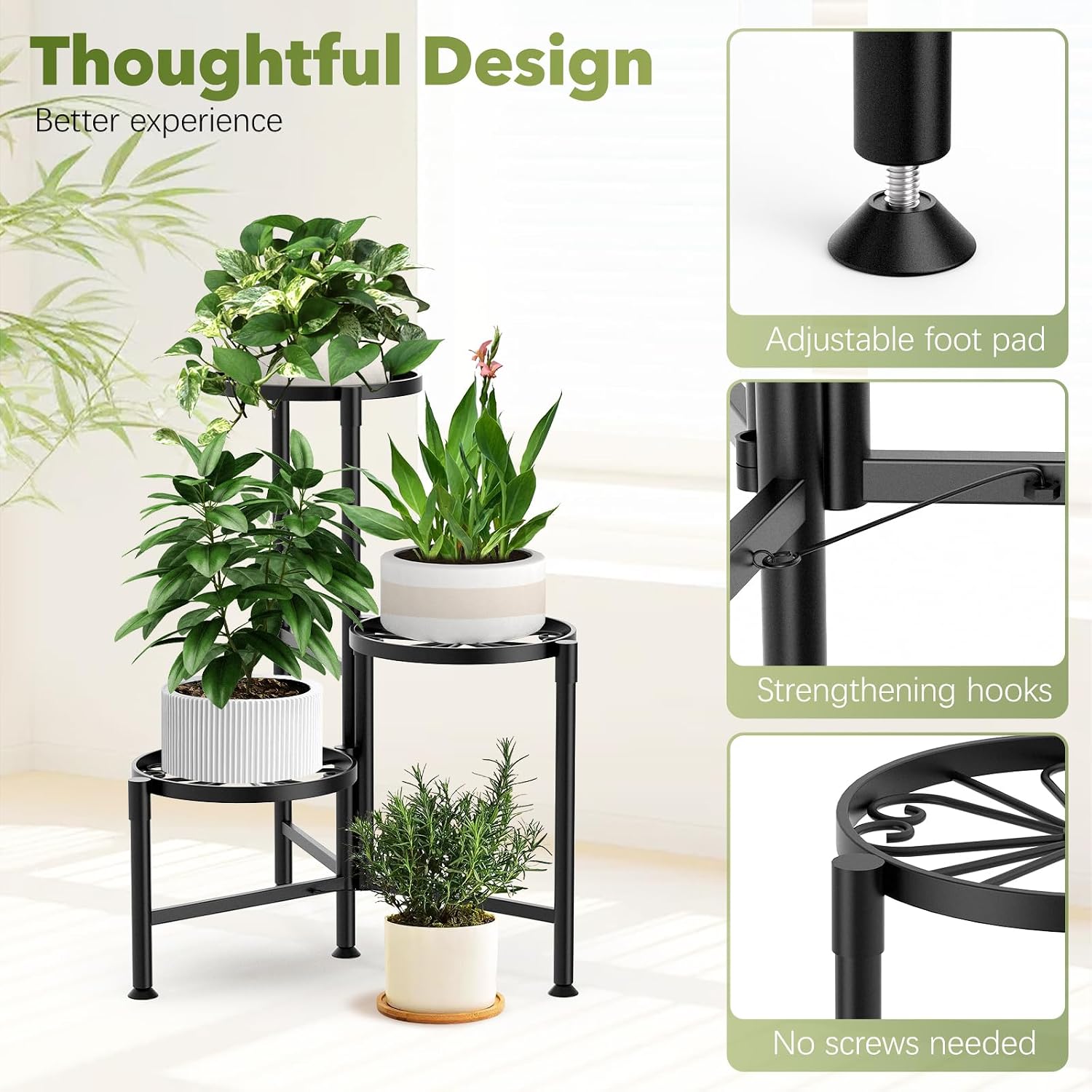 3 Tier Plant Stand Indoor Outdoor Corner, 10 Inch Wide Tray, Metal Black image 3