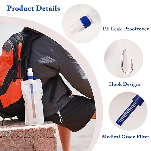 Miniatura 5 de Filtro de agua plegable de 1.0 L, mochila con filtro de agua para viajes, instalador de agua portátil, filtro de agua al aire libre, campamento,