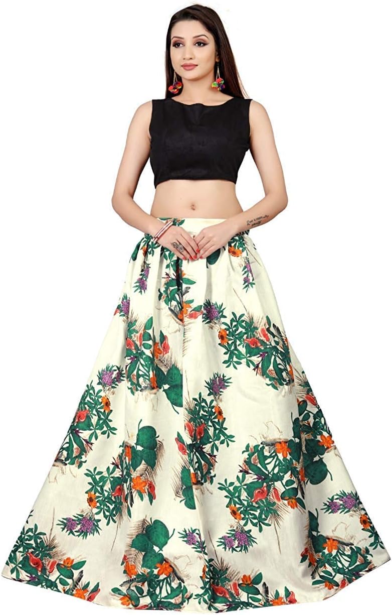 D FASHION GALLERY'S Women's Bangalori Satin Long Skirt Gown and Top (Green and White, Free Size)