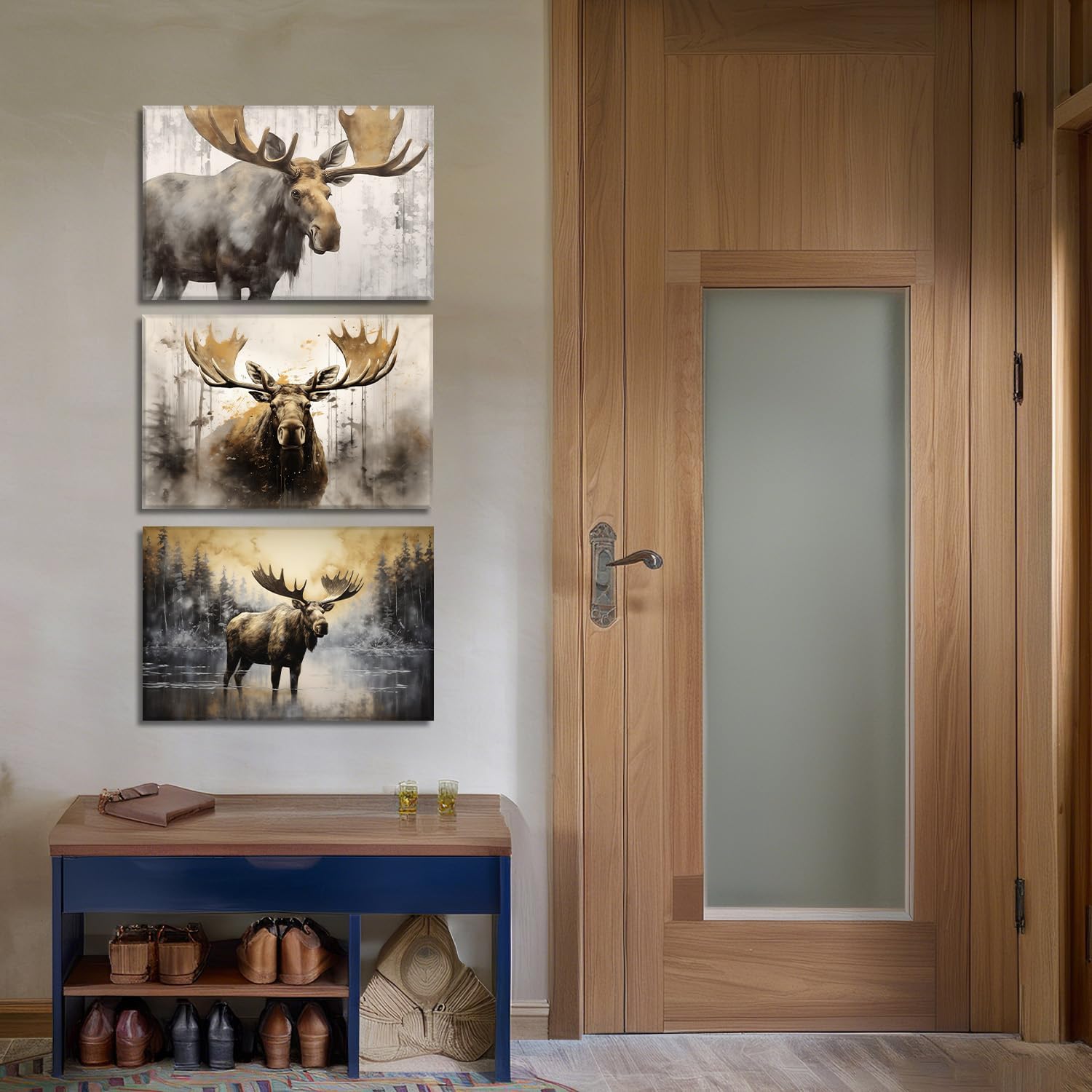 Moose Wall Art 3 Piece Wildlife Canvas Prints Rustic Forest Wilderness Animal Painting Deer Pictures for Home Cabin Wall Decor Framed(Deer-4,11.00"x14.00"x3P)