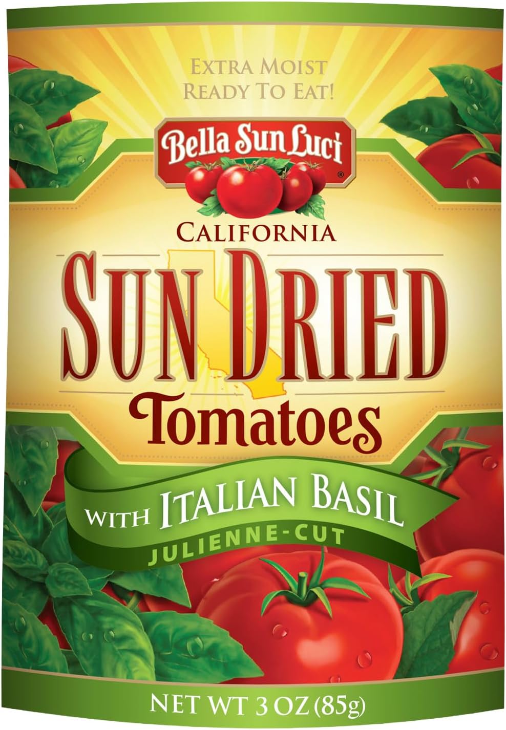 Sun Dried Tomatoes with Italian Basil, Gluten-Free, Vegan, California Grown, Mediterranean Style Sun-Ripened Tomatoes, Premium Ingredient for Pasta, Pizza, Salads (1 Pack)
