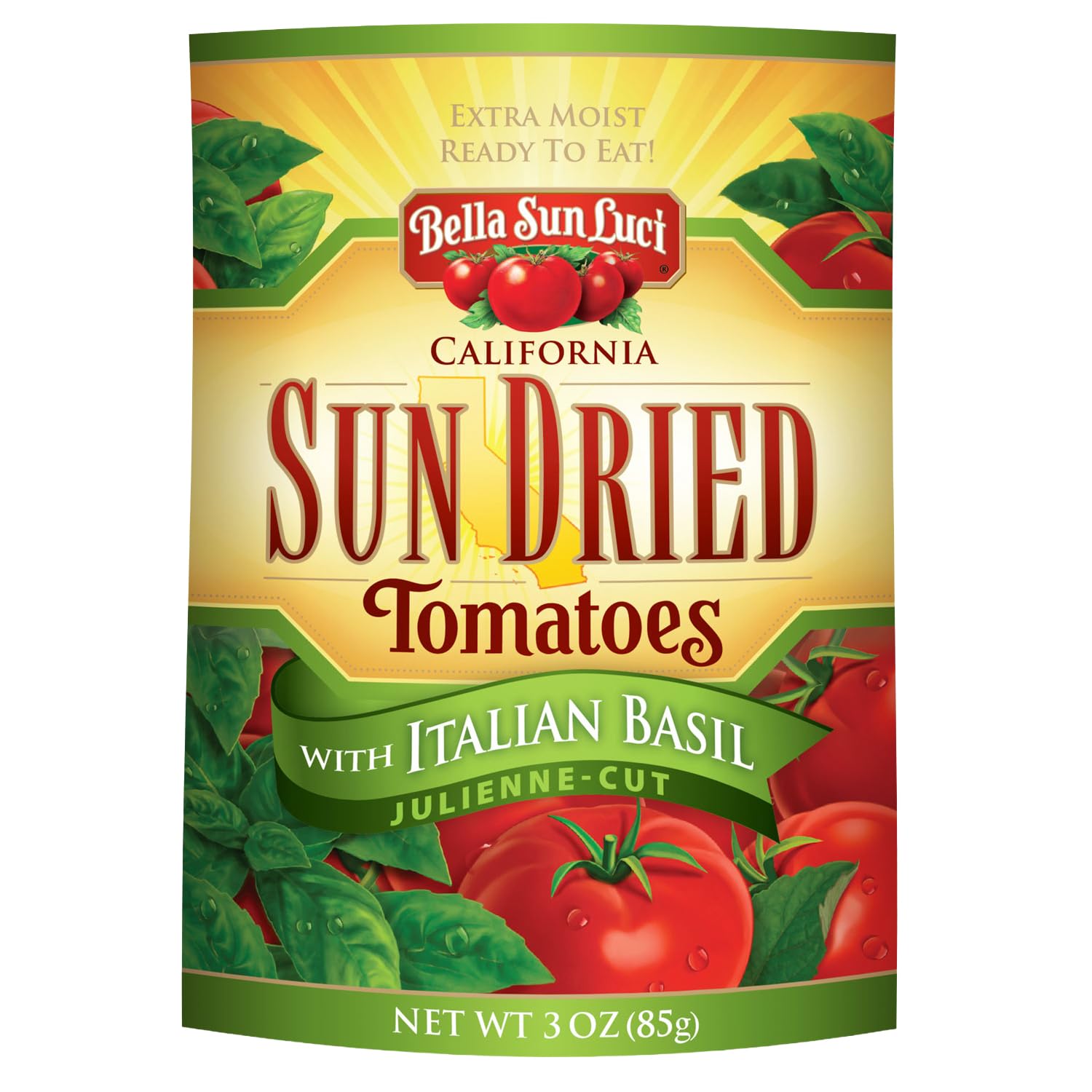 Sun Dried Tomatoes with Italian Basil, Gluten-Free, Vegan, California Grown, Mediterranean Style Sun-Ripened Tomatoes, Premium Ingredient for Pasta, Pizza, Salads (1 Pack)