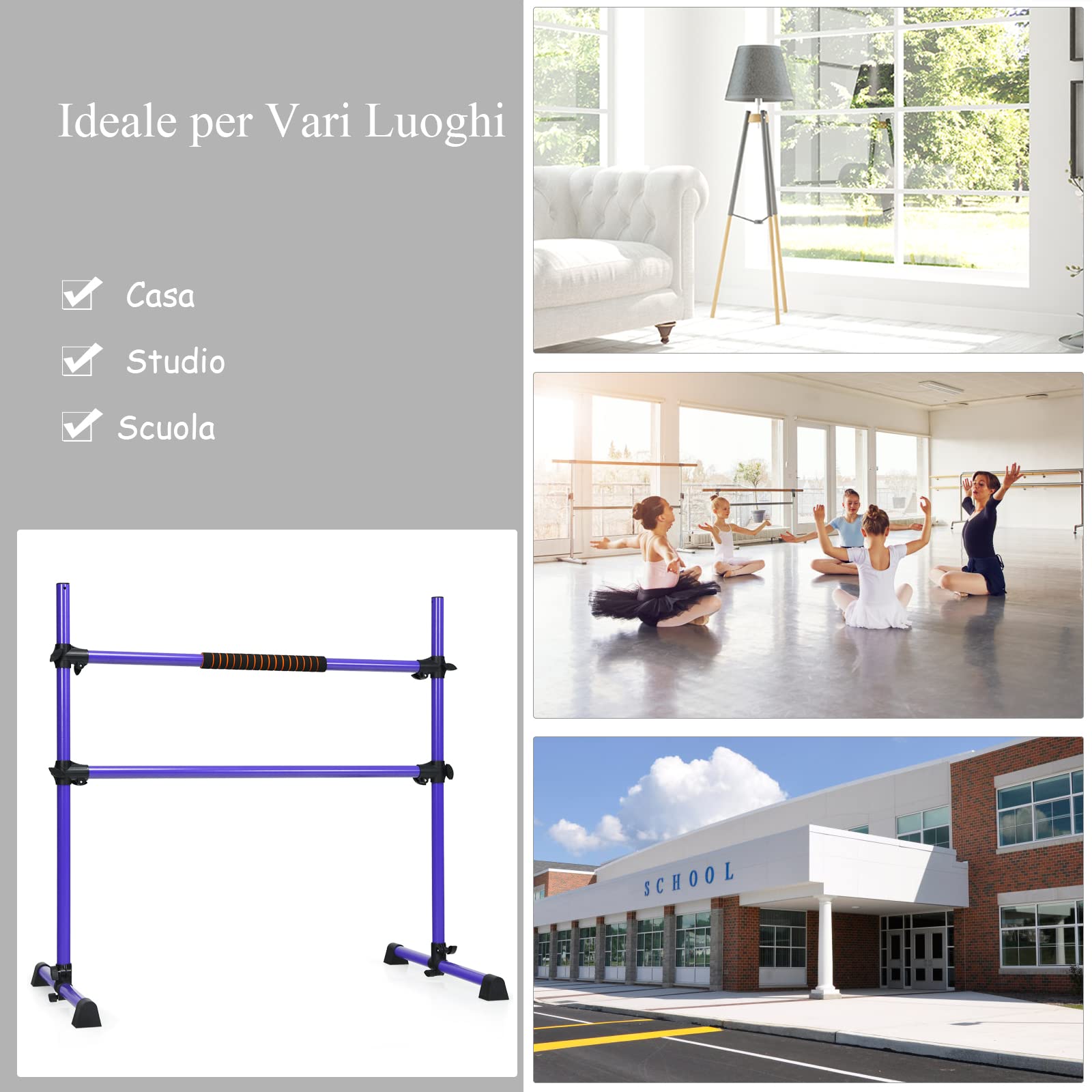 GYMAX Barra Ginnastica Artistica in Metallo per Bambini, Sbarra da Danza Classica Regolabile in Altezza, con Cuscinetti Antiscivolo e Manopole, con Portata di 50 kg, 124,5 x 71 x 120 cm