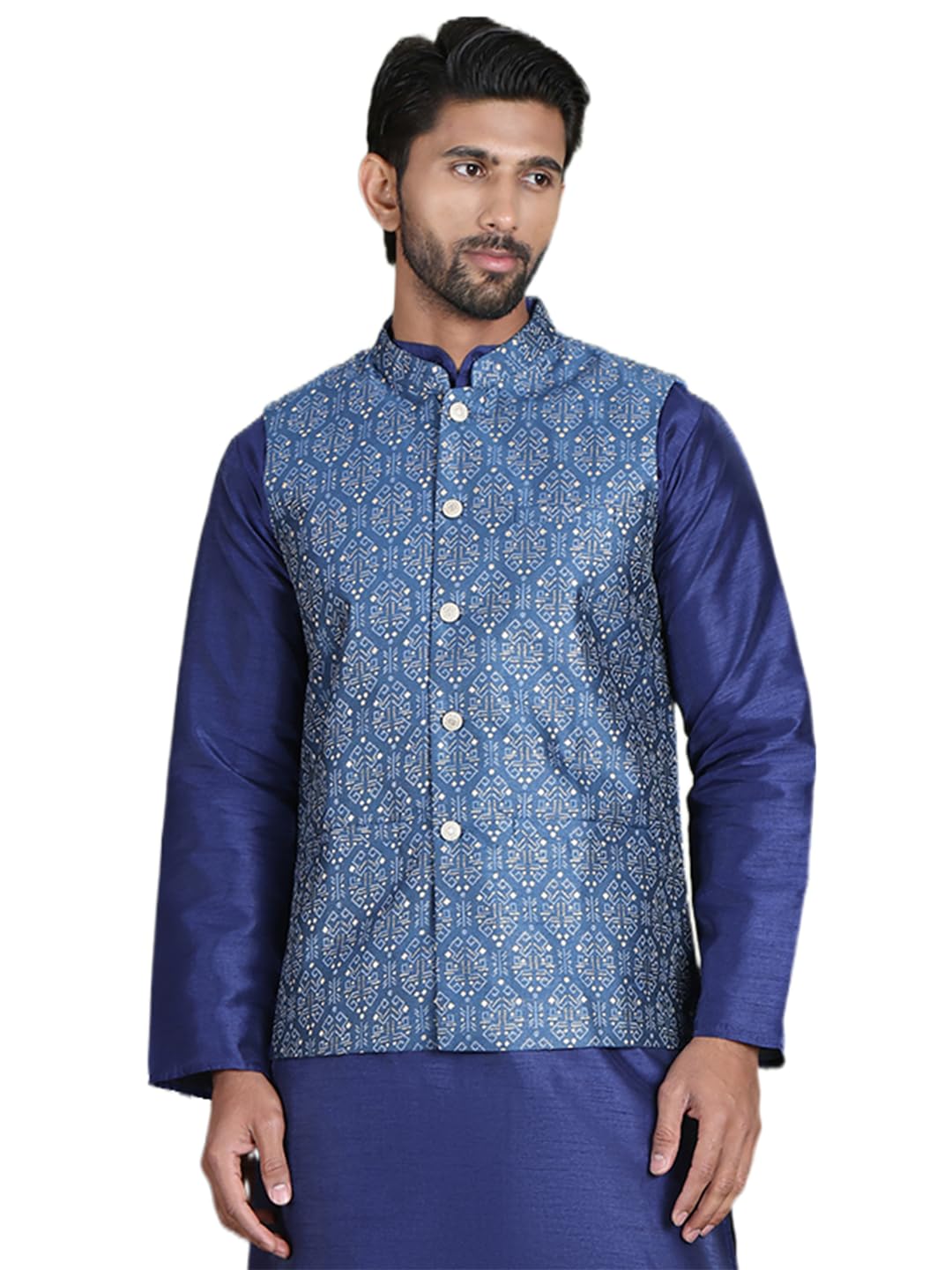 Blue Men's Printed Nehru Jacket (Blue, S)-image-31
