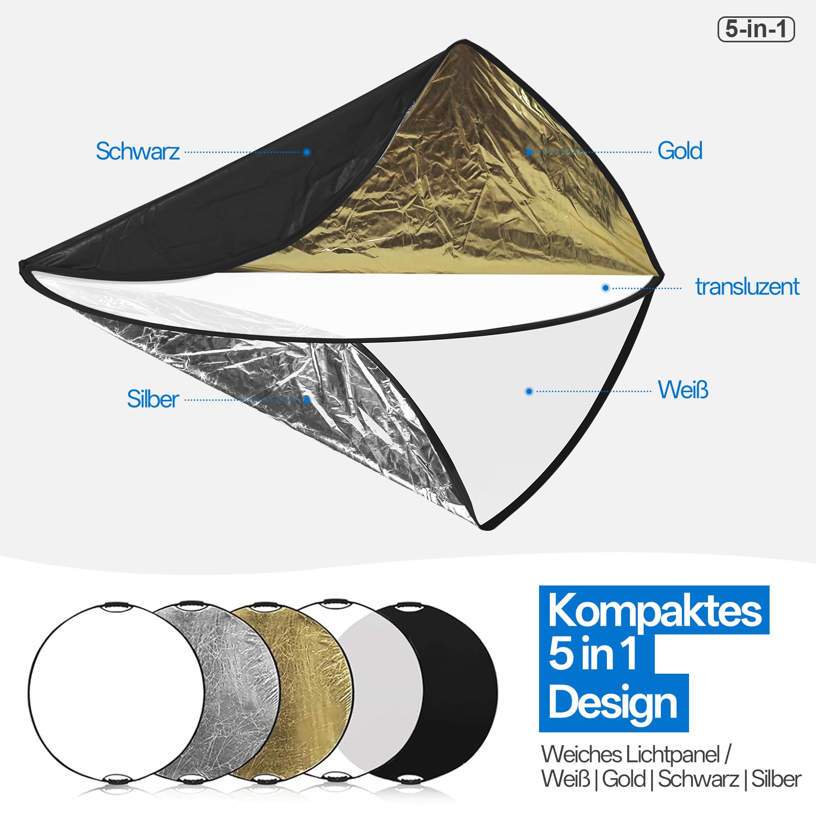 WELLMAKING 80cm Fotoreflektor, zusammenklappbarer Lichtreflektor mit Tasche & Neigungsadapter, 5 in 1 Griffreflektor für Studio & Außenbeleuchtung - transparent, Silber, Gold, weiß, schwarz