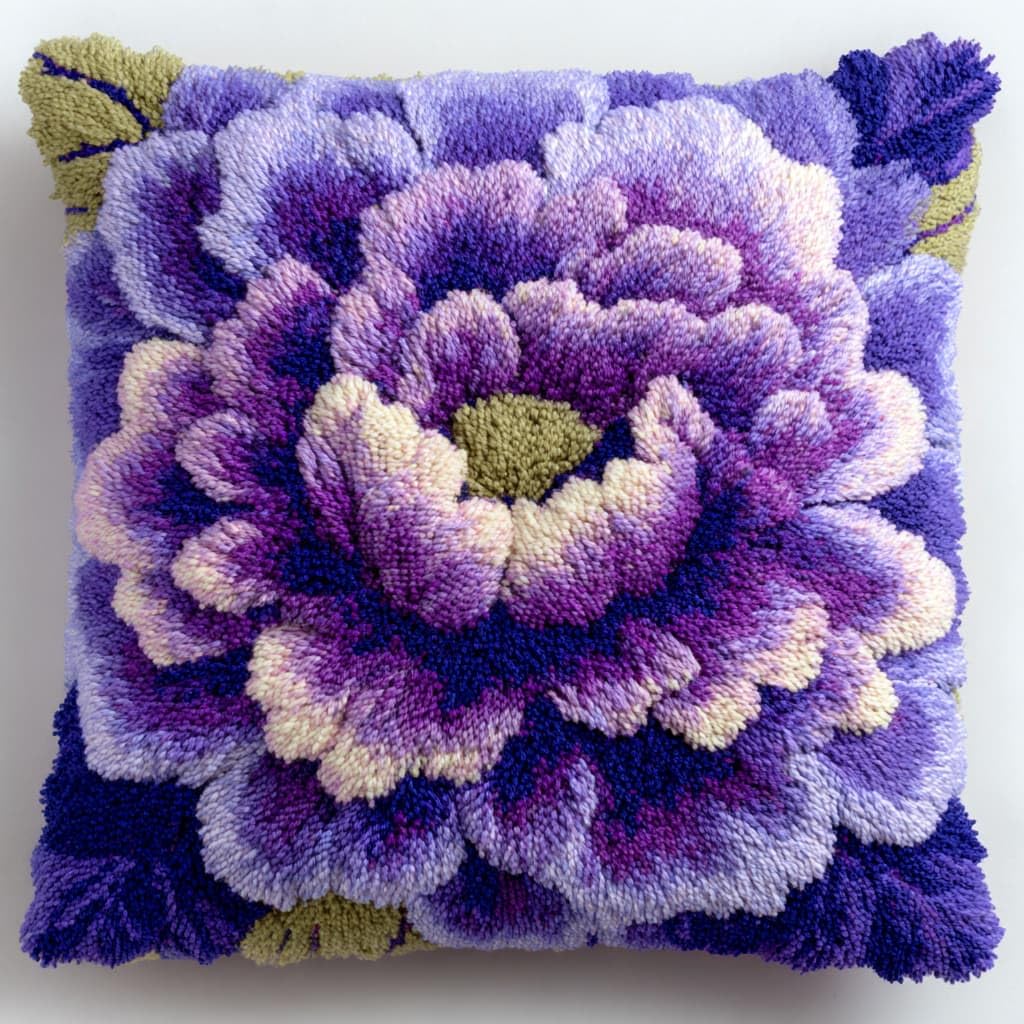 Taxpy DIY Latch Hooking Pillow Kits, Purple Flowers Pillow Cover Preprinted Throw Pillow Needlework Crochet Yarns Latch Hook Cushion Making17x17inch