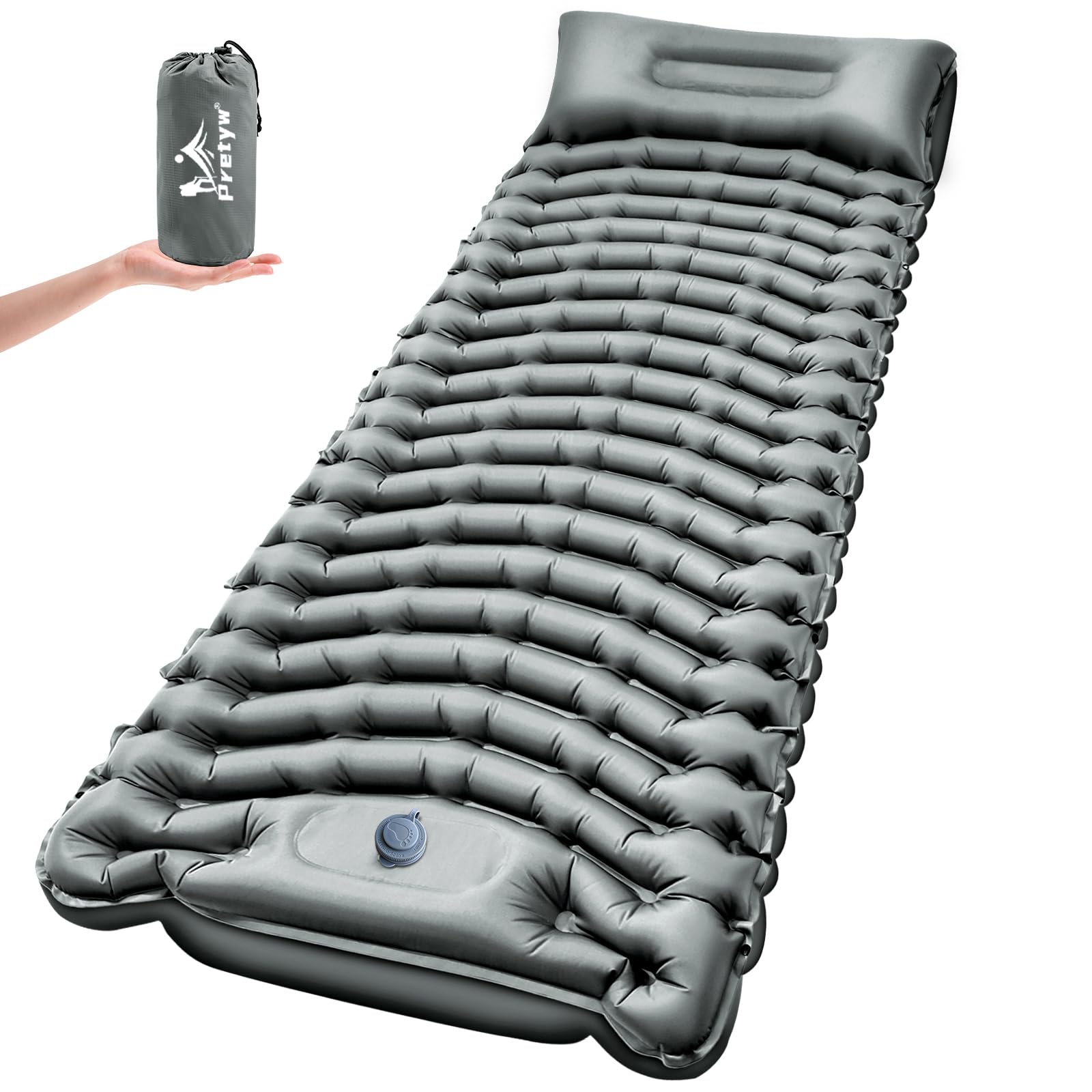 Photo 1 of **missing valve** Pretyw Sleeping Pad for Camping - Ultralight Camping Mattress with Pillow, Built-in Foot Pump, Compact Inflatable Portable Mat for Backpacking, Hiking, Car Traveling, Beach, Tent