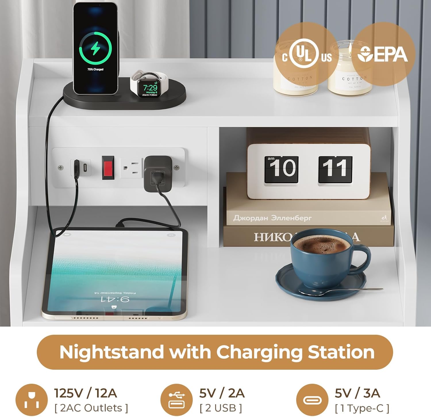ADORNEVE Nightstand with Charging Station,White Night Stand for Bedroom,End Table with Hutch & 4 Storage Drawers