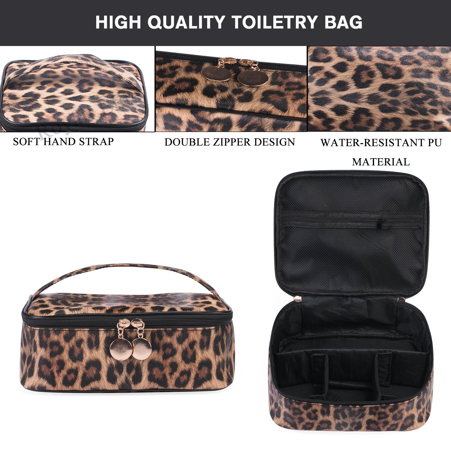 Makeup Bag Travel Large Toiletry Bag Leopard Portable Cheetah Printed Cosmetic Organizer Pouch with Small Brush Storage Case Gold Zipper Waterproof Adjustable Dividers for Women,8.7x7.1x3.4inch - Image 3