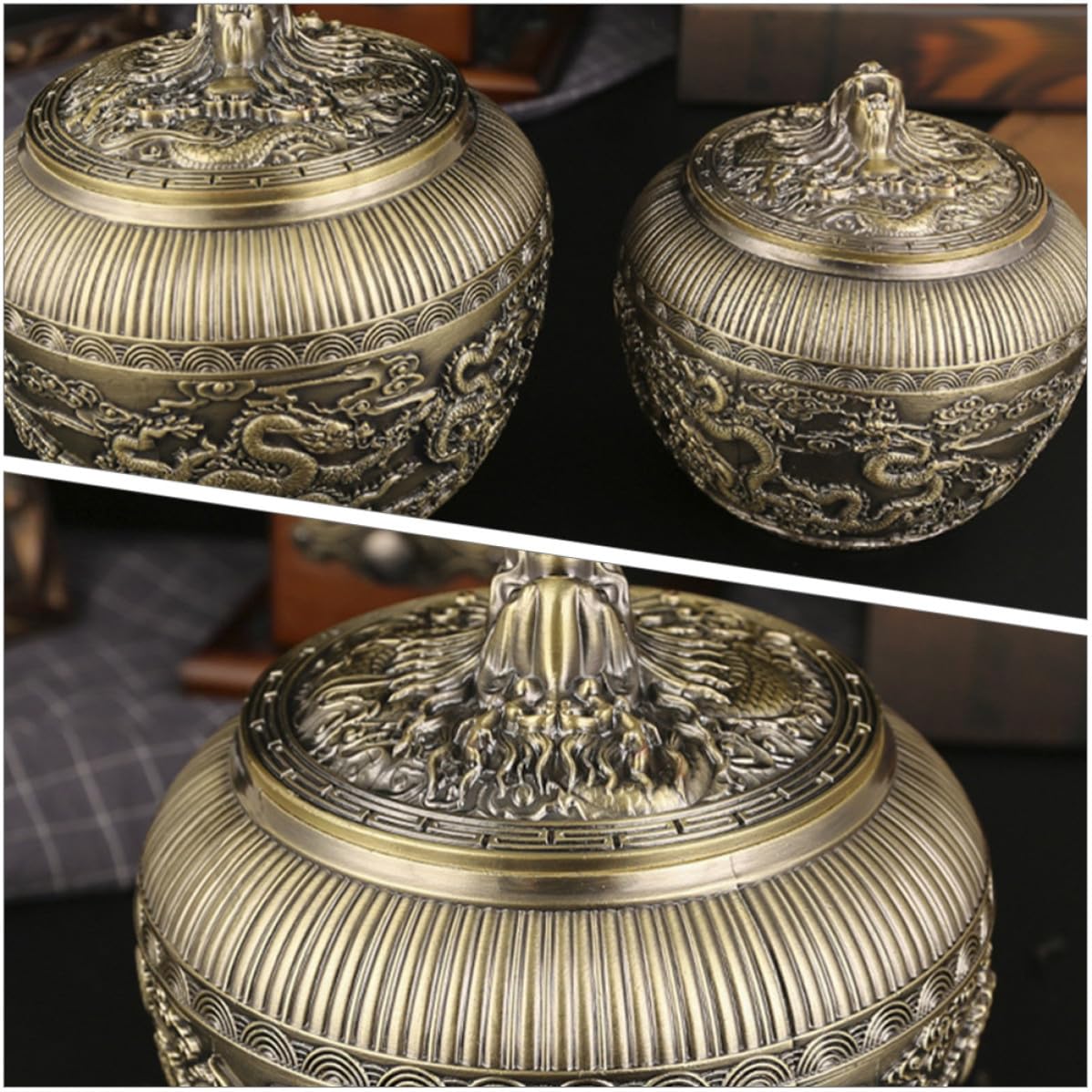 Uonlytech Tarro de Té de Aleación Dorado Tapa y Diseño Retro Dragón